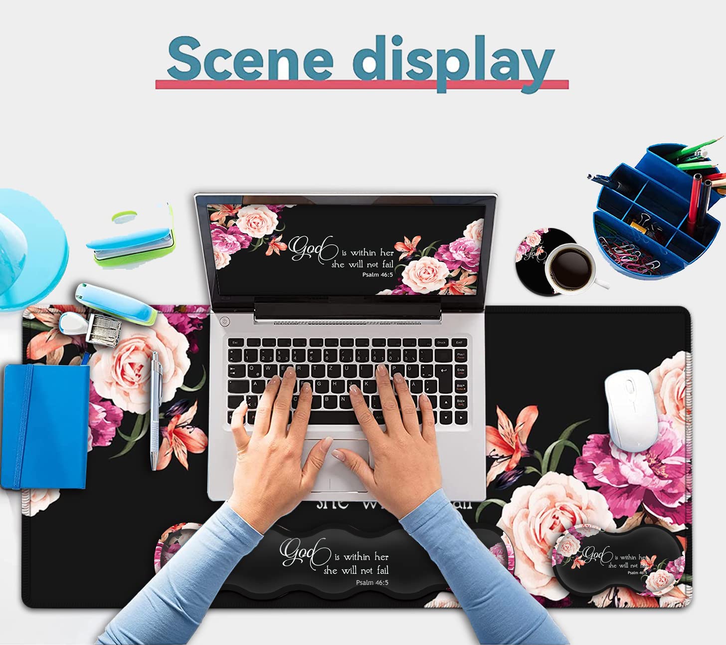 Large Mouse Pad with Wrist Support Set,Memory Foam Keyboard Wrist Rest +XXL Extended Gaming Mouse Pad +Ergonomic Mouse Wrist Pad, Peony Flower Psalm - View 7 of 7