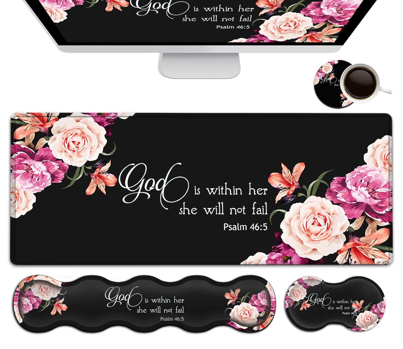 Large Mouse Pad with Wrist Support Set,Memory Foam Keyboard Wrist Rest +XXL Extended Gaming Mouse Pad +Ergonomic Mouse Wrist Pad, Peony Flower Psalm