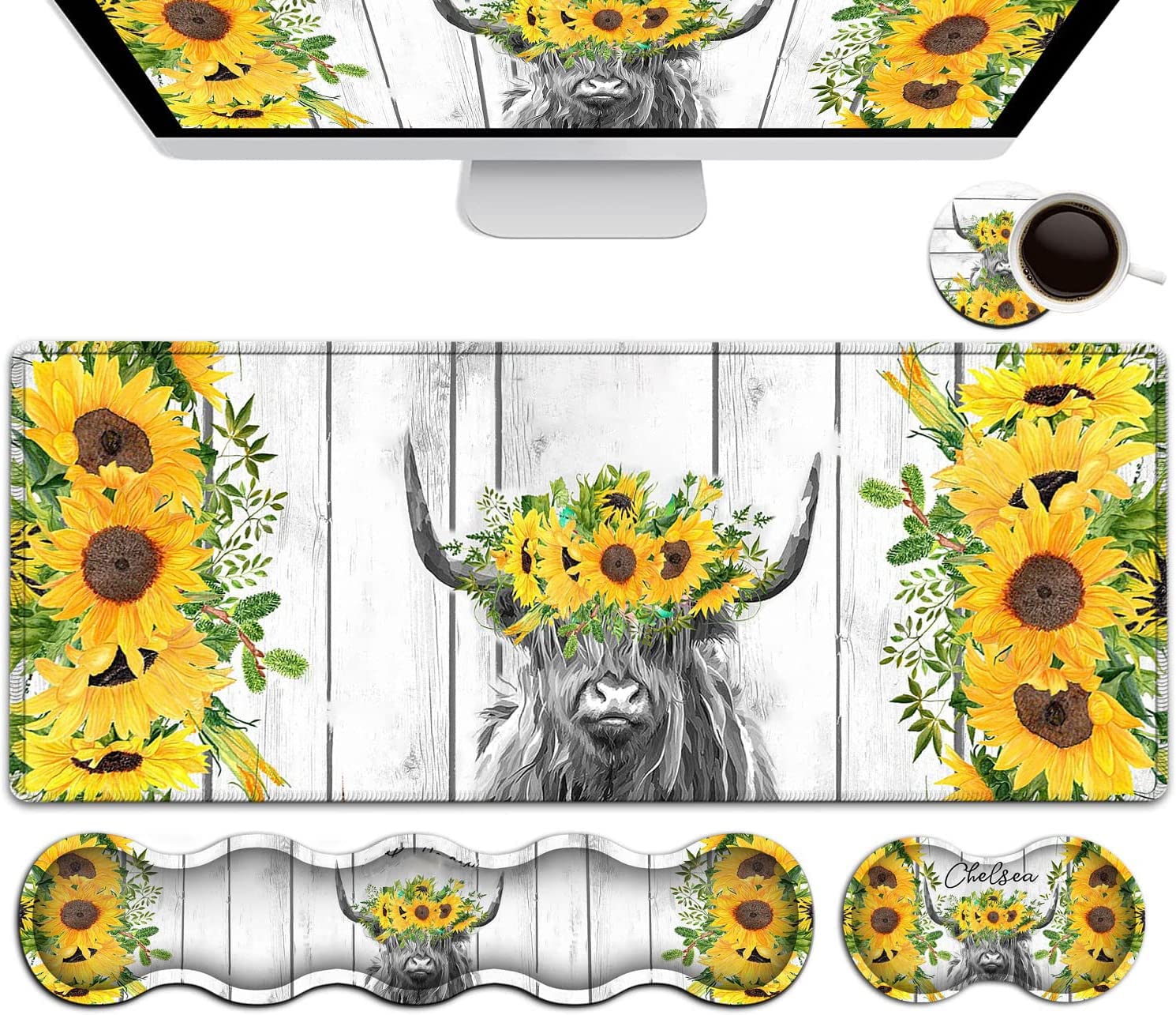 Large White Mouse Pad, Gaming Mouse Pad Memory Foam Keyboard Wrist Rest, Extended Office Desk Mat, Office Desk Pad with Stitched Edges, Laptop Desk