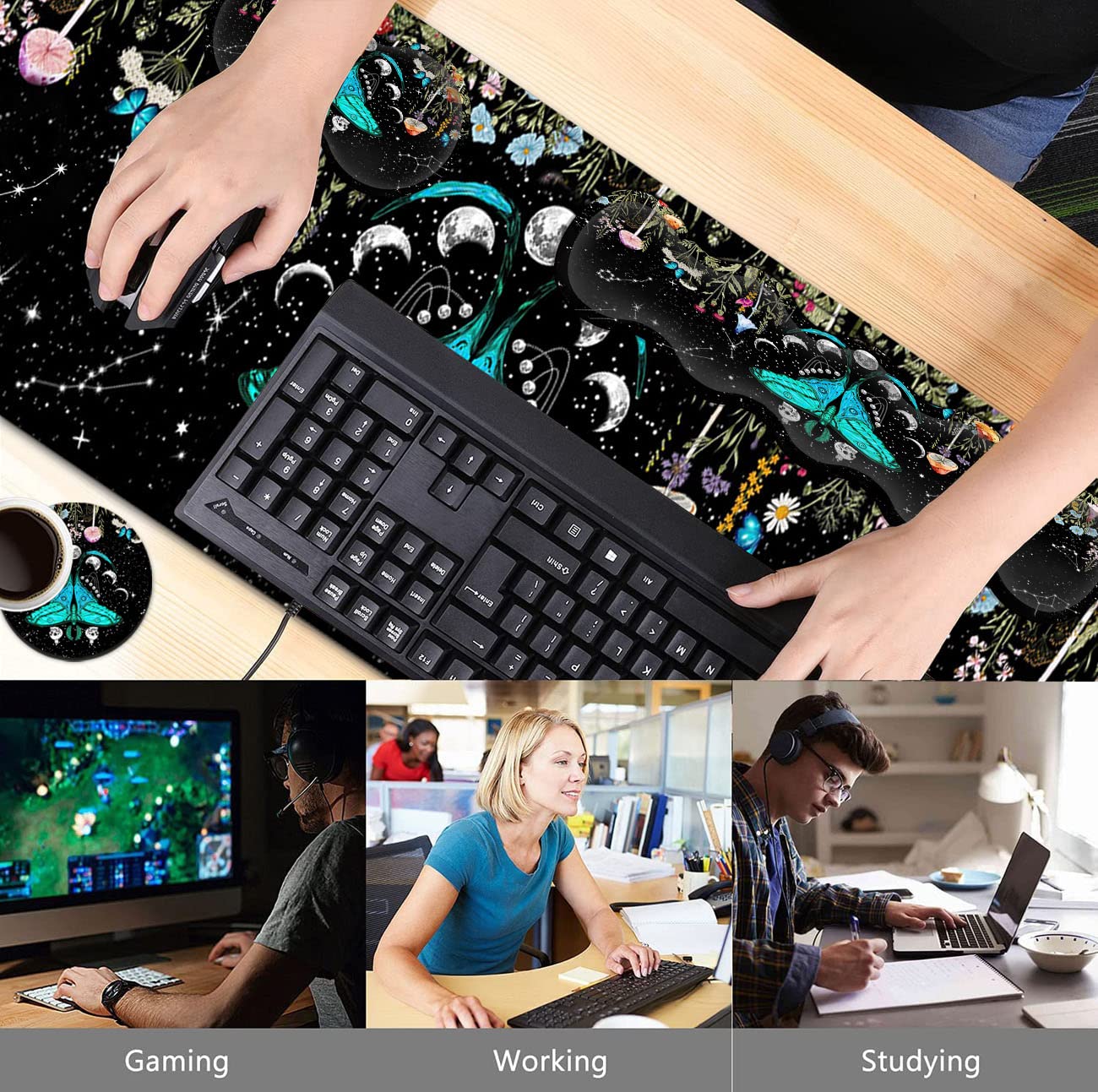 Large Mouse Pad, Ergonomic Mouse Wrist Support + Keyboard Wrist Rest Set+ Extended Gaming Mouse Pad Moth Moon Phase Witchy Office Desk Mat Black - View 2 of 7