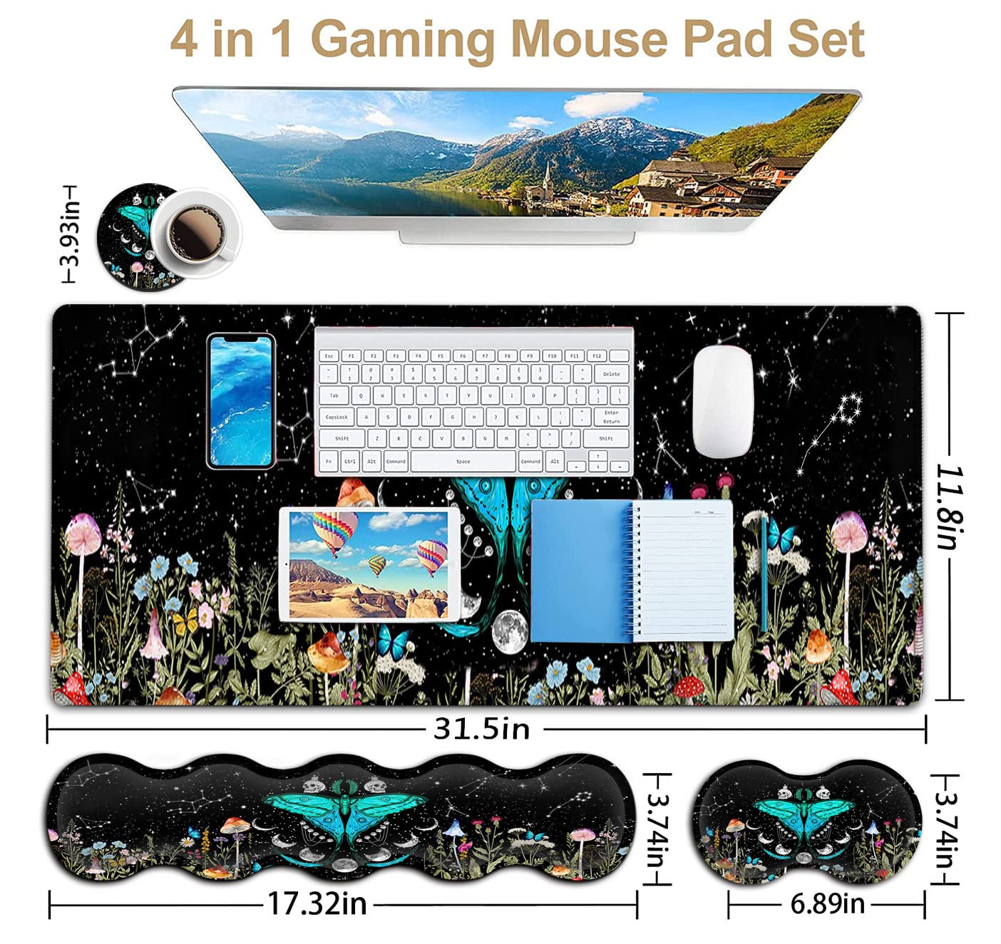 Large Mouse Pad, Ergonomic Mouse Wrist Support + Keyboard Wrist Rest Set+ Extended Gaming Mouse Pad Moth Moon Phase Witchy Office Desk Mat Black - View 3 of 7