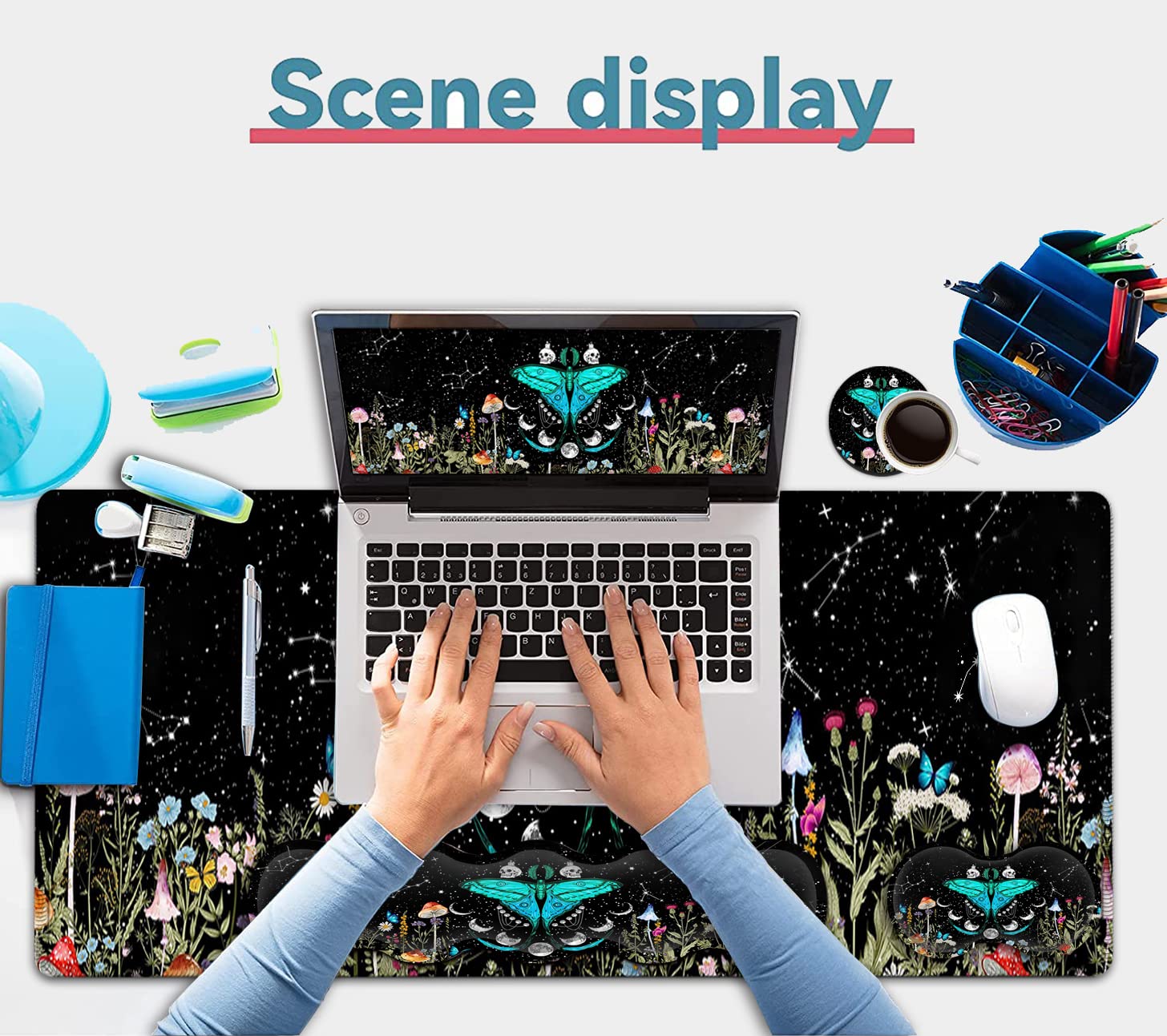 Large Mouse Pad, Ergonomic Mouse Wrist Support + Keyboard Wrist Rest Set+ Extended Gaming Mouse Pad Moth Moon Phase Witchy Office Desk Mat Black - View 7 of 7