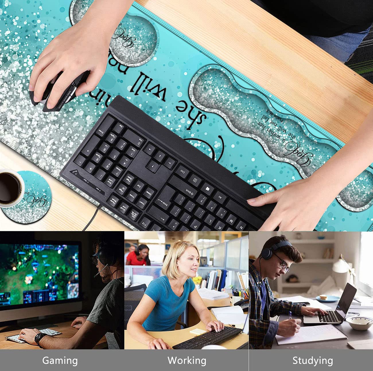 Keyboard Mouse Pad Set,Extended Gaming Mouse Pad + Memory Foam Keyboard Wrist Rest Support, Psalm 46:5 Blue Glitter Office Desk Mat Writing Pad Easy - View 2 of 7