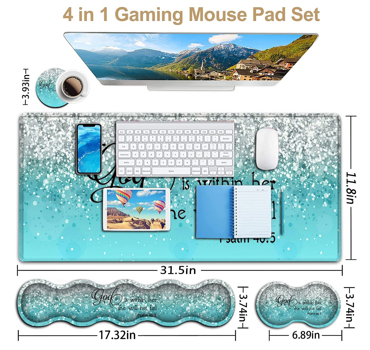 Keyboard Mouse Pad Set,Extended Gaming Mouse Pad + Memory Foam Keyboard Wrist Rest Support, Psalm 46:5 Blue Glitter Office Desk Mat Writing Pad Easy - View 3 of 7