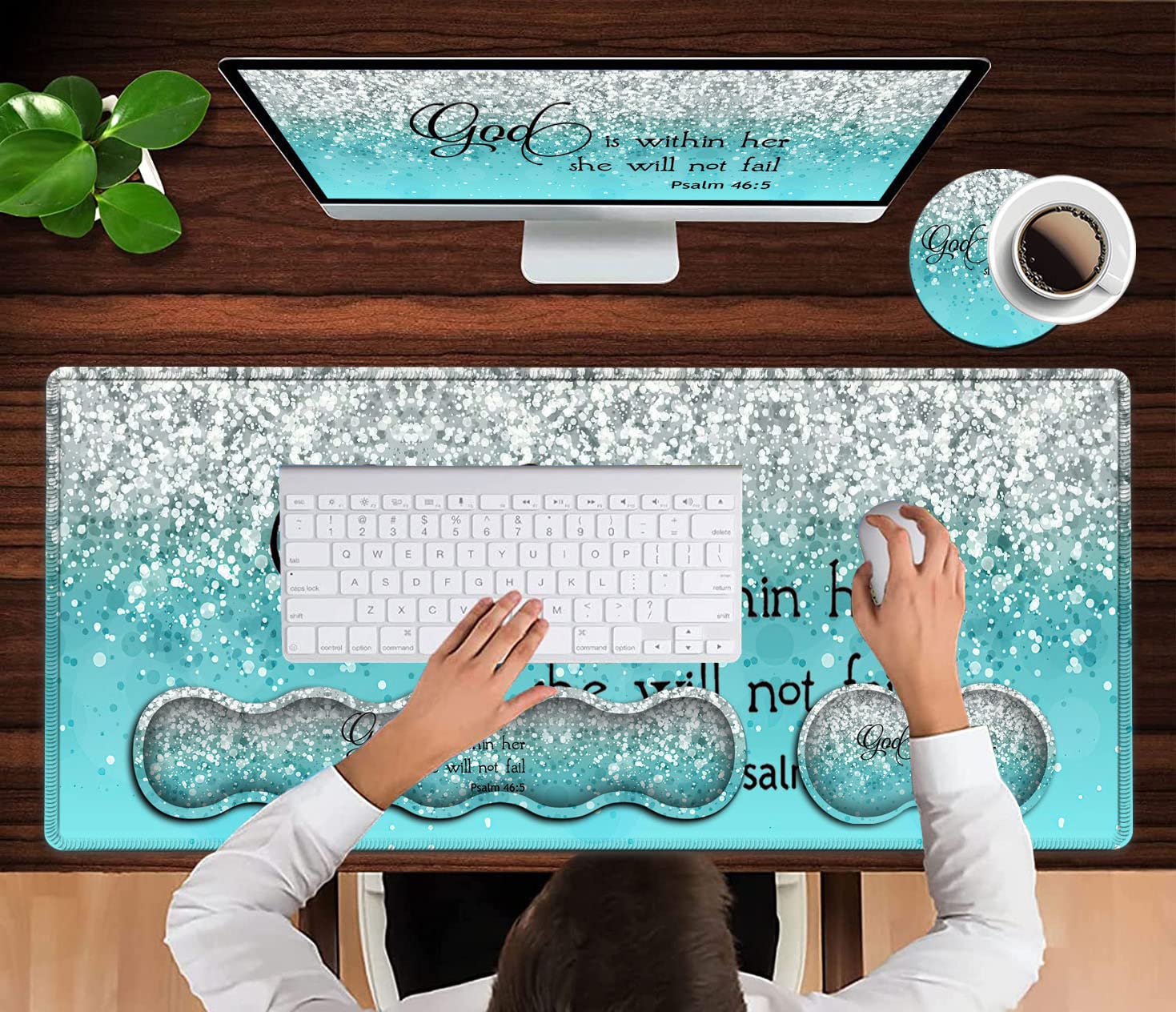 Keyboard Mouse Pad Set,Extended Gaming Mouse Pad + Memory Foam Keyboard Wrist Rest Support, Psalm 46:5 Blue Glitter Office Desk Mat Writing Pad Easy - View 4 of 7