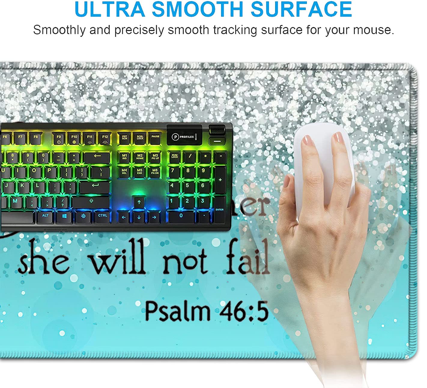 Keyboard Mouse Pad Set,Extended Gaming Mouse Pad + Memory Foam Keyboard Wrist Rest Support, Psalm 46:5 Blue Glitter Office Desk Mat Writing Pad Easy - View 5 of 7