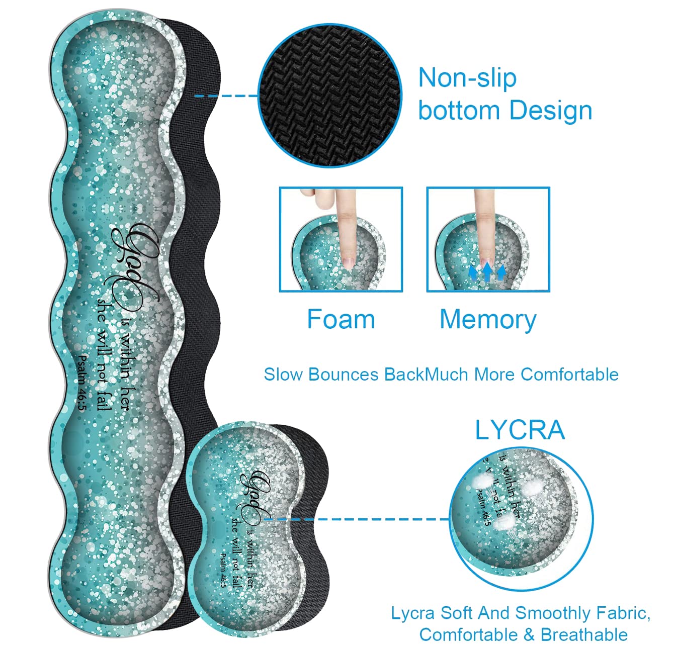 Keyboard Mouse Pad Set,Extended Gaming Mouse Pad + Memory Foam Keyboard Wrist Rest Support, Psalm 46:5 Blue Glitter Office Desk Mat Writing Pad Easy - View 6 of 7