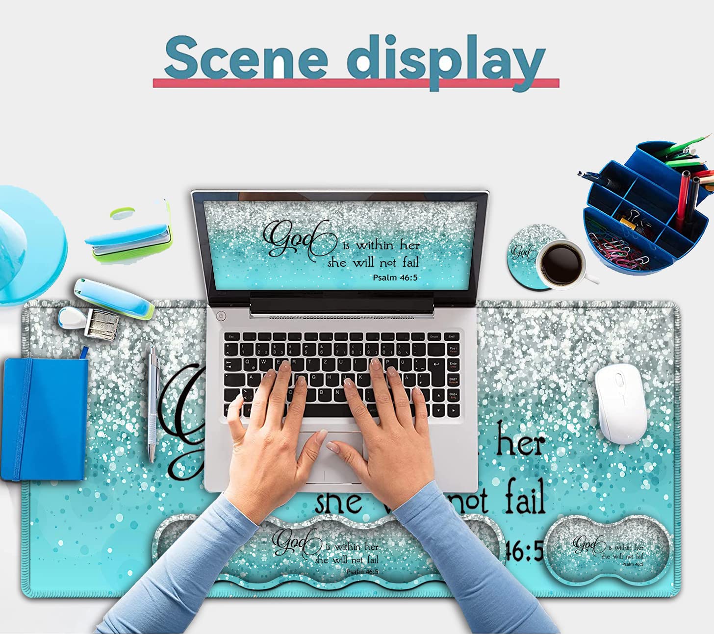 Keyboard Mouse Pad Set,Extended Gaming Mouse Pad + Memory Foam Keyboard Wrist Rest Support, Psalm 46:5 Blue Glitter Office Desk Mat Writing Pad Easy - View 7 of 7