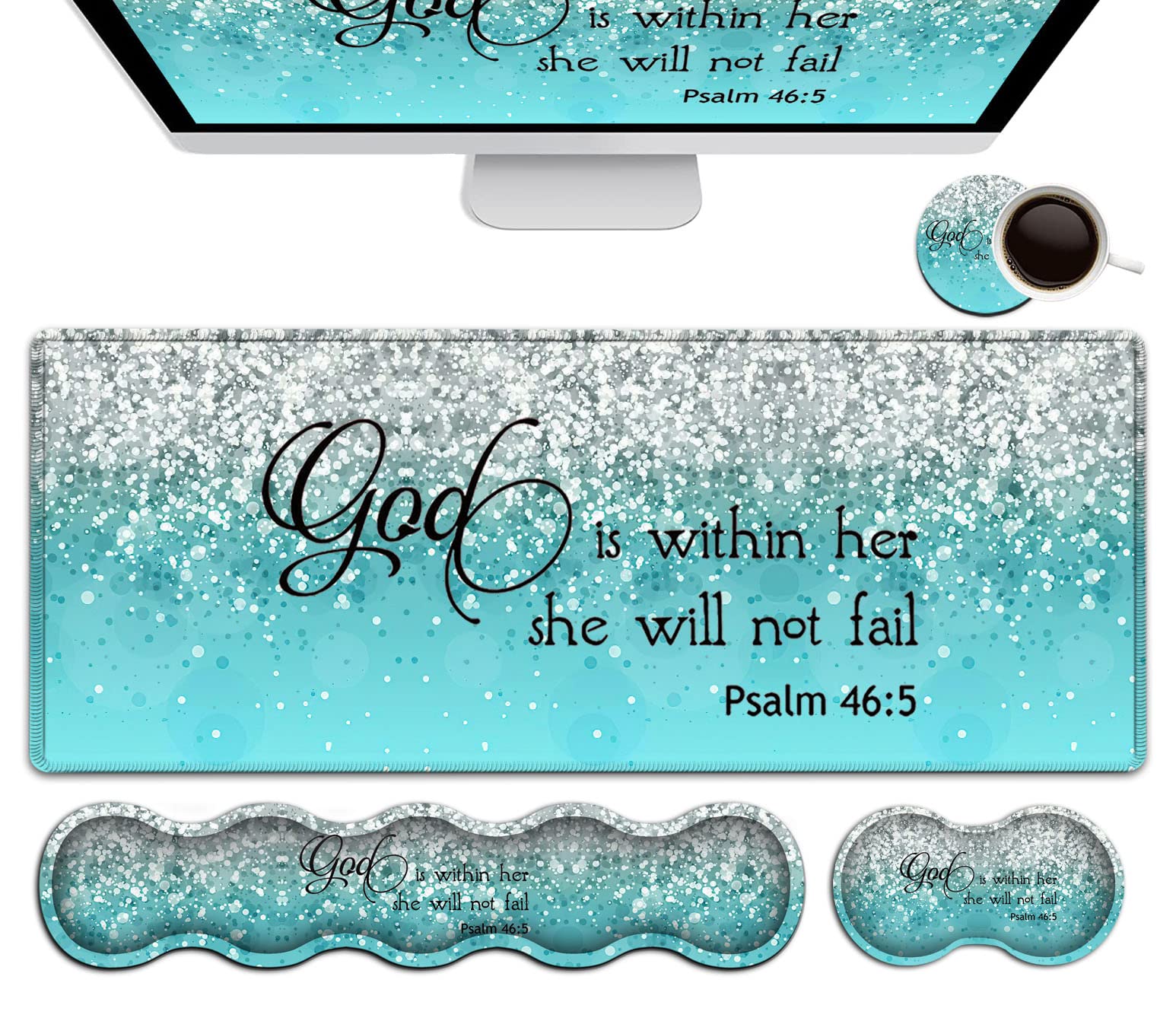 Keyboard Mouse Pad Set,Extended Gaming Mouse Pad + Memory Foam Keyboard Wrist Rest Support, Psalm 46:5 Blue Glitter Office Desk Mat Writing Pad Easy