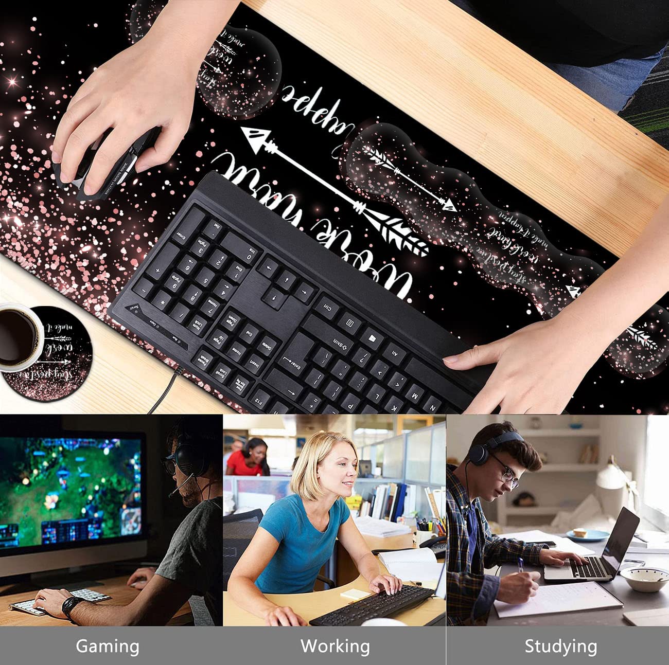 Large Gaming Mouse Pad Memory Foam Keyboard Wrist Rest,Extended Office Desk Mat,Office Desk Pad with Stitched Edges,Laptop Desk Table Protector Rose - View 2 of 7