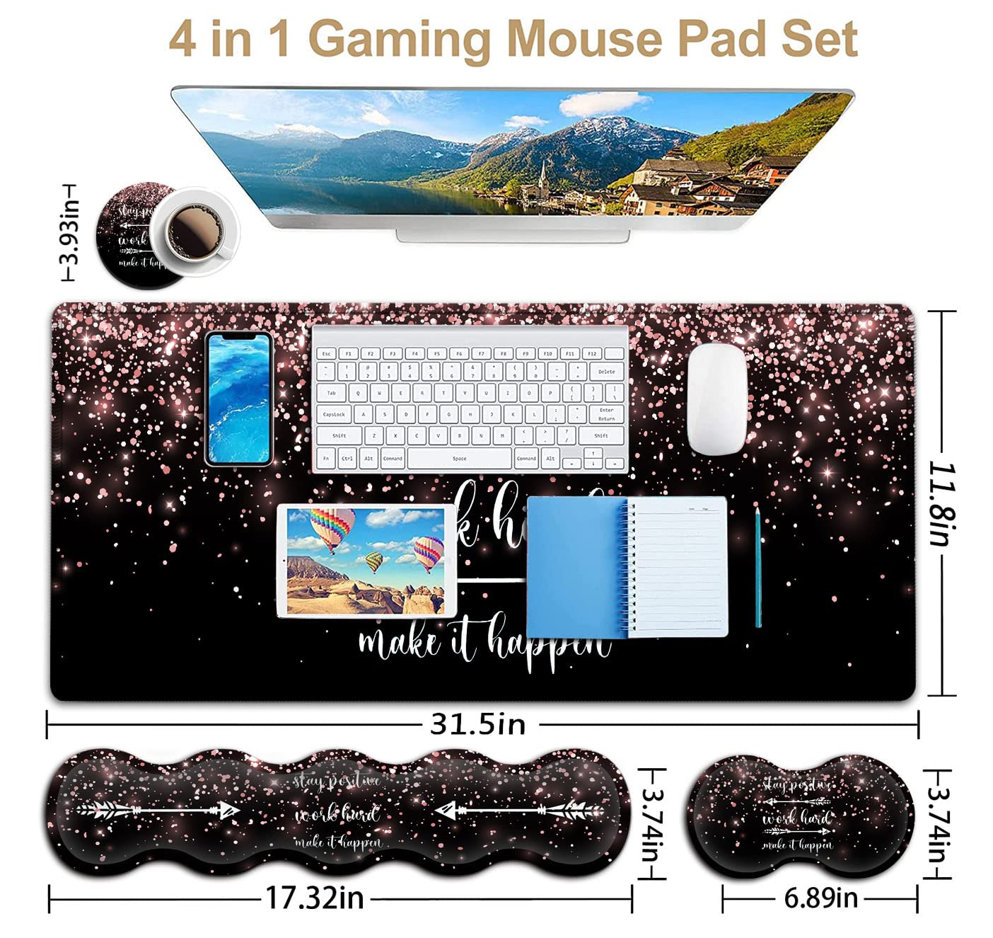 Large Gaming Mouse Pad Memory Foam Keyboard Wrist Rest,Extended Office Desk Mat,Office Desk Pad with Stitched Edges,Laptop Desk Table Protector Rose - View 3 of 7