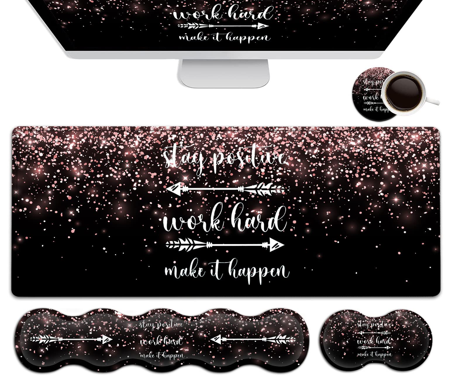 Large Gaming Mouse Pad Memory Foam Keyboard Wrist Rest,Extended Office Desk Mat,Office Desk Pad with Stitched Edges,Laptop Desk Table Protector Rose