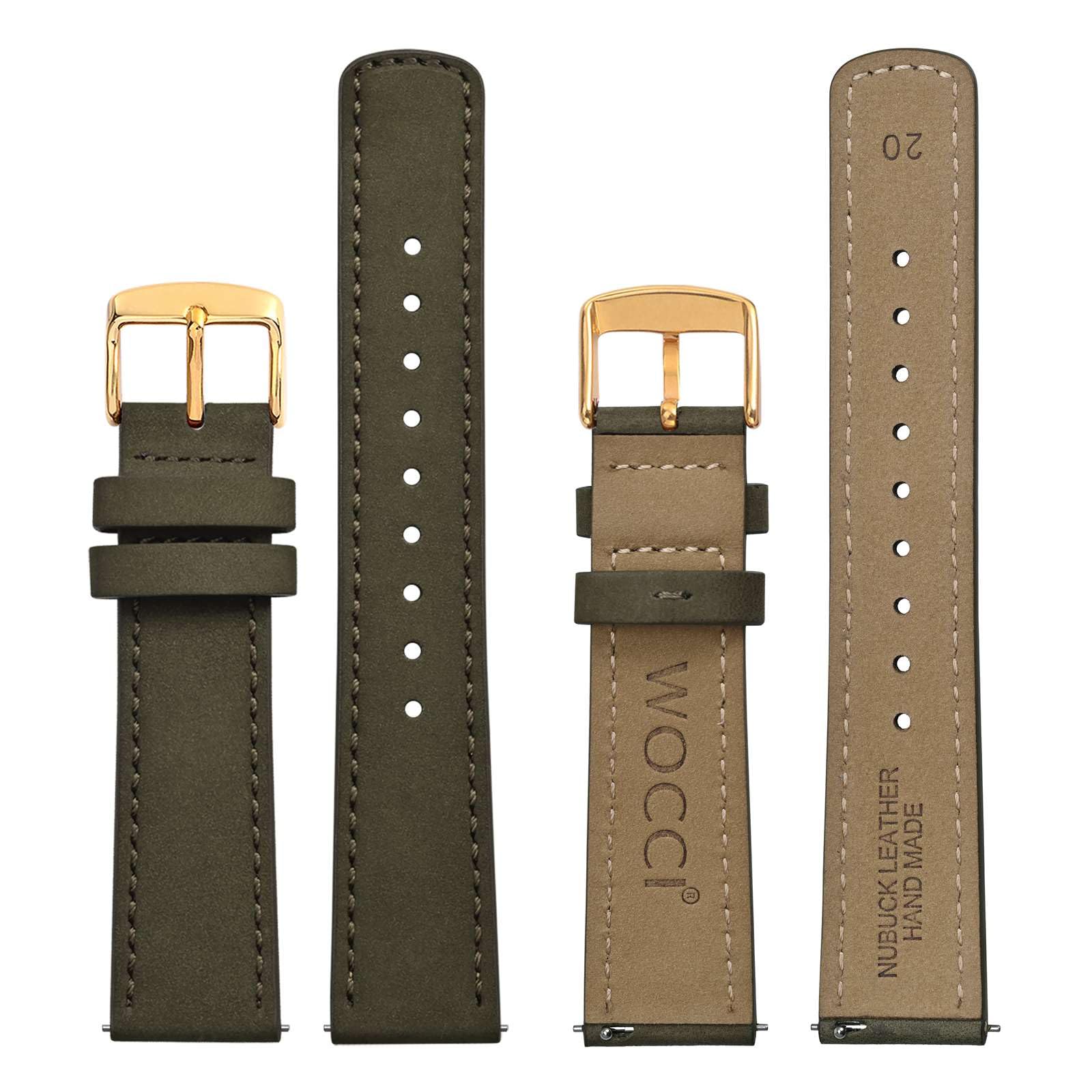 WOCCI 22mm Retro Leather Watch Band for Men and Women, Quick Release Replacement Strap with Golden Buckle (Army Green) - View 2 of 9