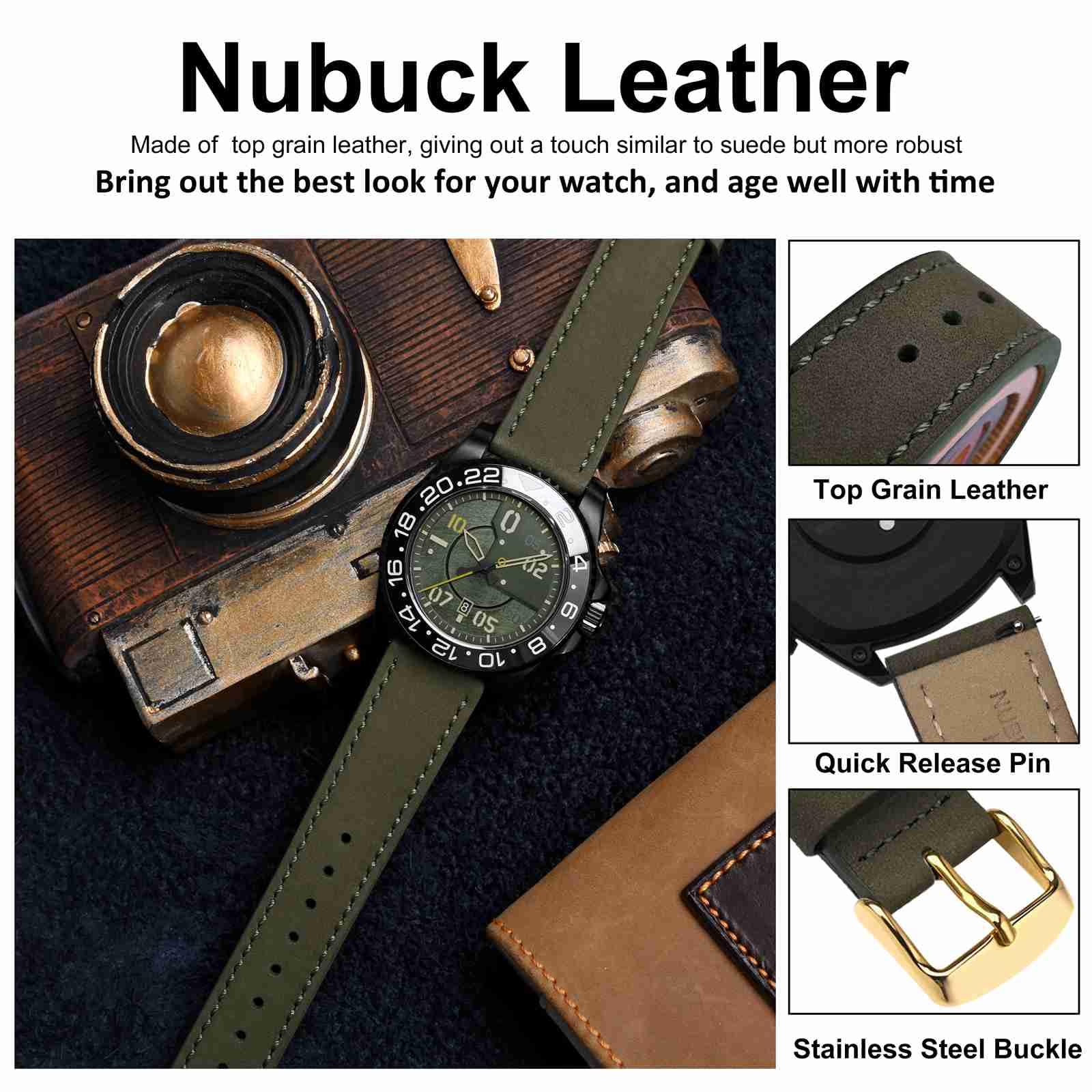 WOCCI 22mm Retro Leather Watch Band for Men and Women, Quick Release Replacement Strap with Golden Buckle (Army Green) - View 4 of 9