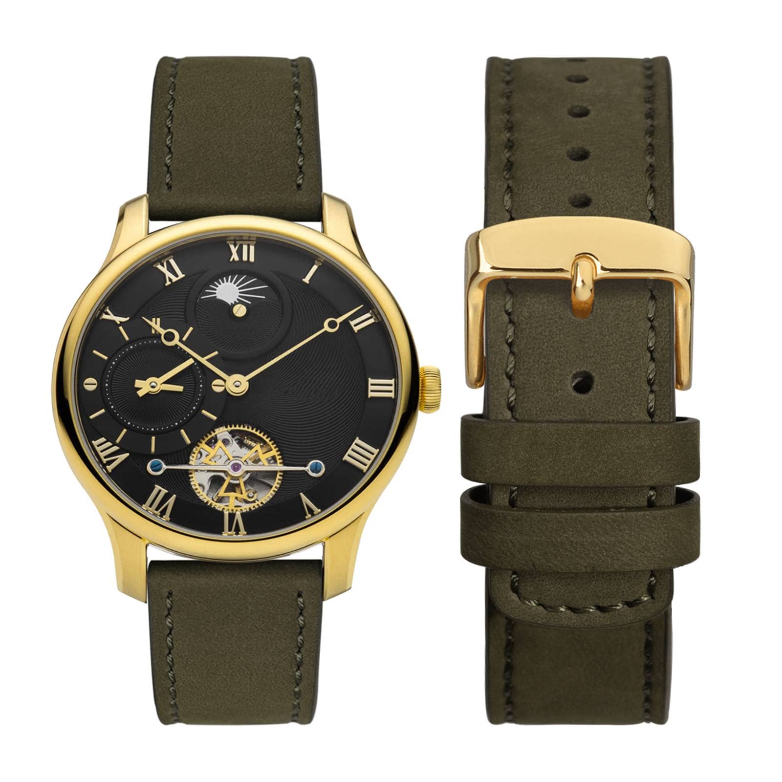 WOCCI 22mm Retro Leather Watch Band for Men and Women, Quick Release Replacement Strap with Golden Buckle (Army Green) - View 5 of 9