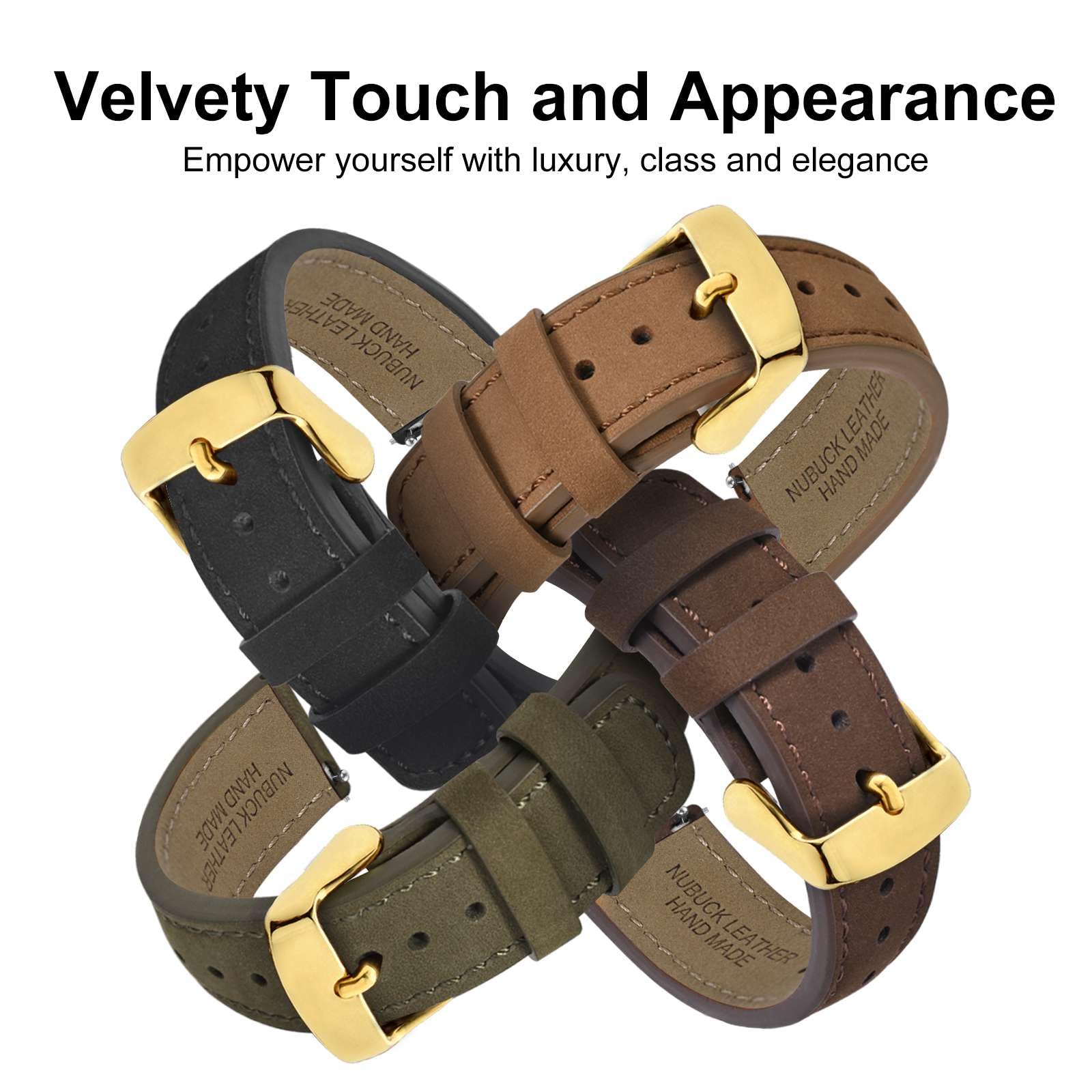 WOCCI 22mm Retro Leather Watch Band for Men and Women, Quick Release Replacement Strap with Golden Buckle (Army Green) - View 8 of 9