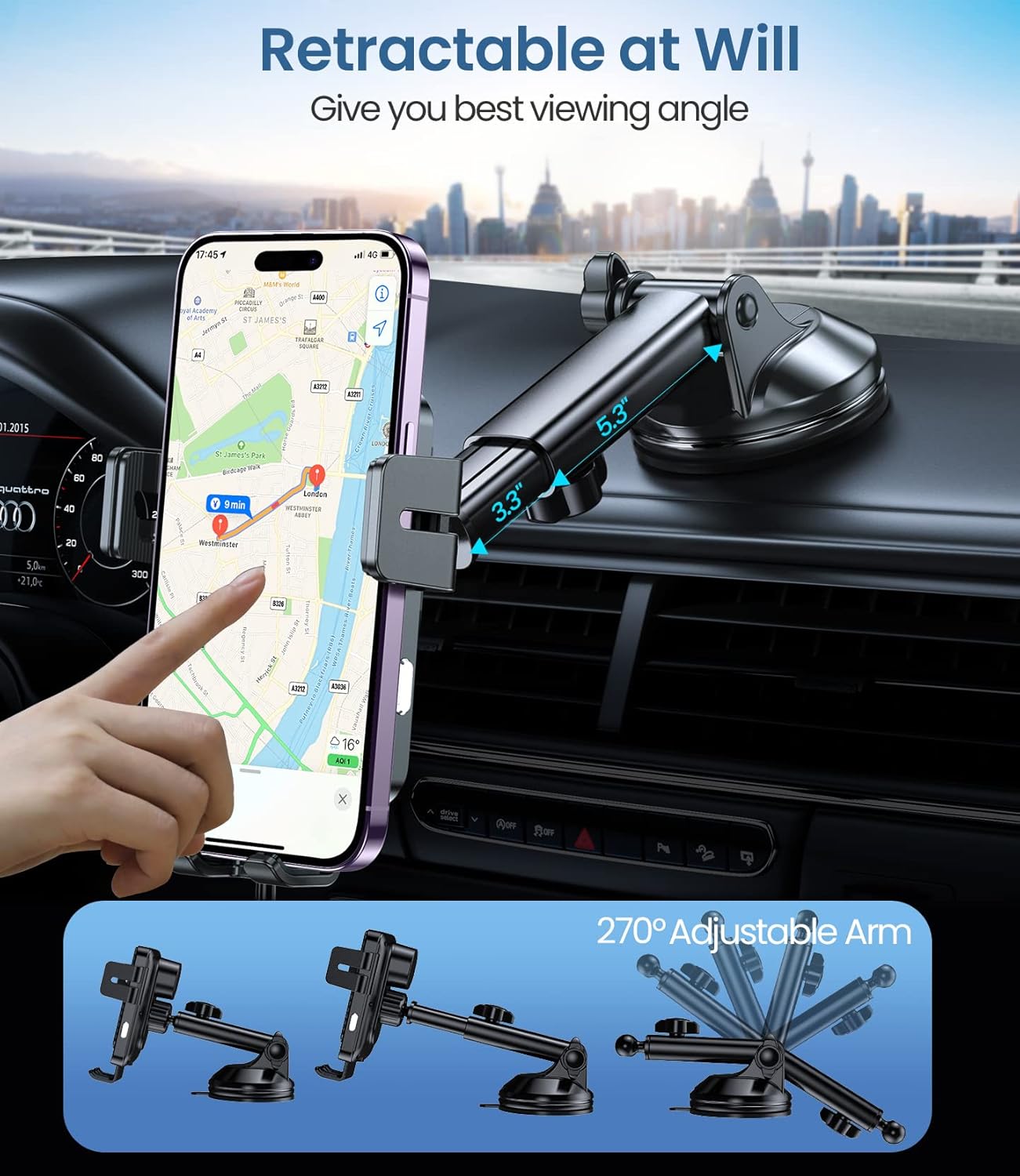 MOKPR MOKPR 15W Wireless Car Charger Fast Charging Auto-Clamping Mount for iPhone 16 15 14 13 12 Samsung S23 S22 S21 Universal Hands-Free - View 4 of 7