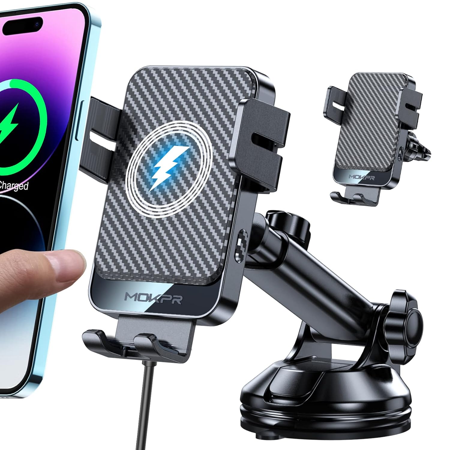 MOKPR MOKPR 15W Wireless Car Charger Fast Charging Auto-Clamping Mount for iPhone 16 15 14 13 12 Samsung S23 S22 S21 Universal Hands-Free