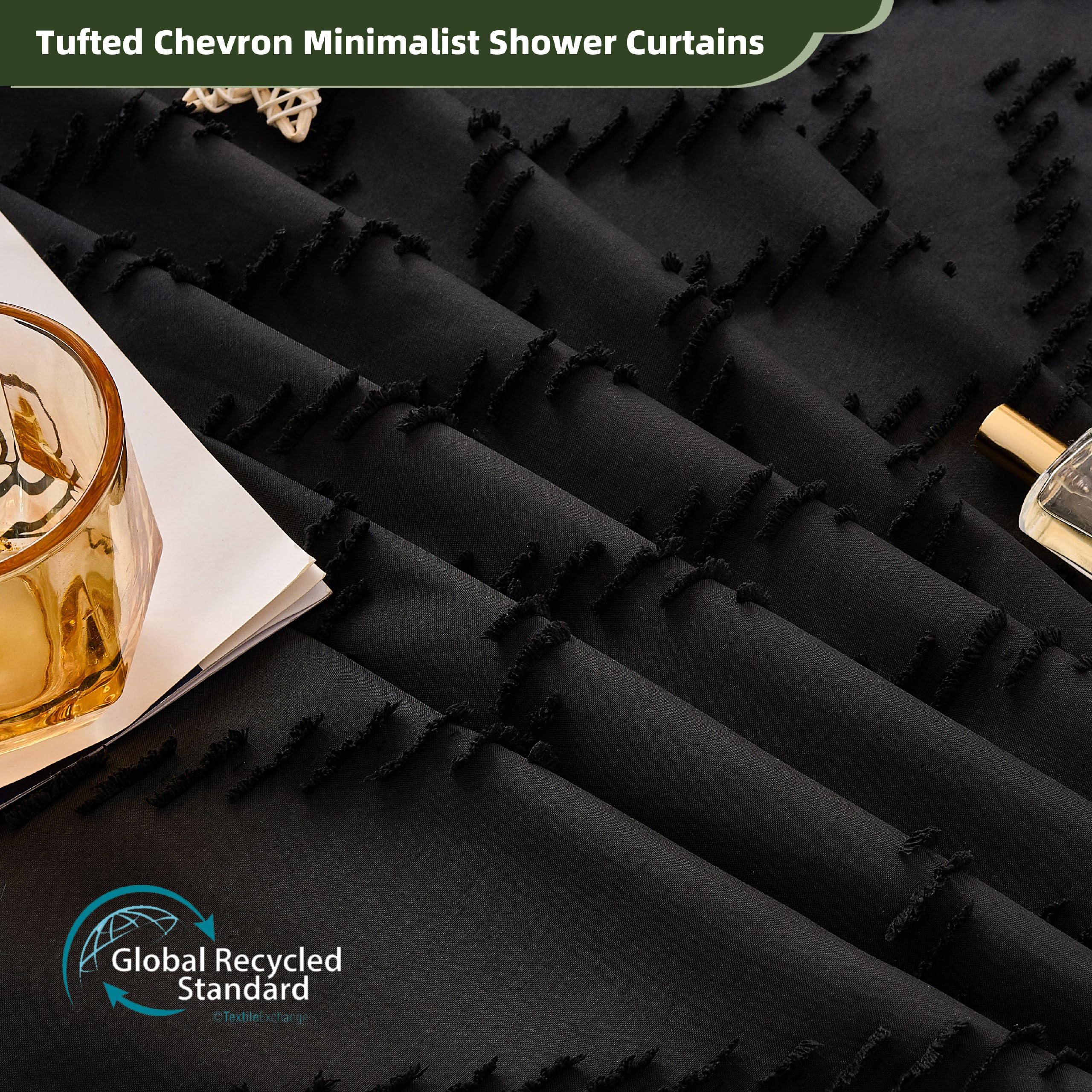 Siiluminisoy Siiluminisoy Extra Long Black Boho Shower Curtain 84 in Woven Fabric Tufted Chevron Striped Modern Chic Minimalist Bathroom Decor - View 2 of 9