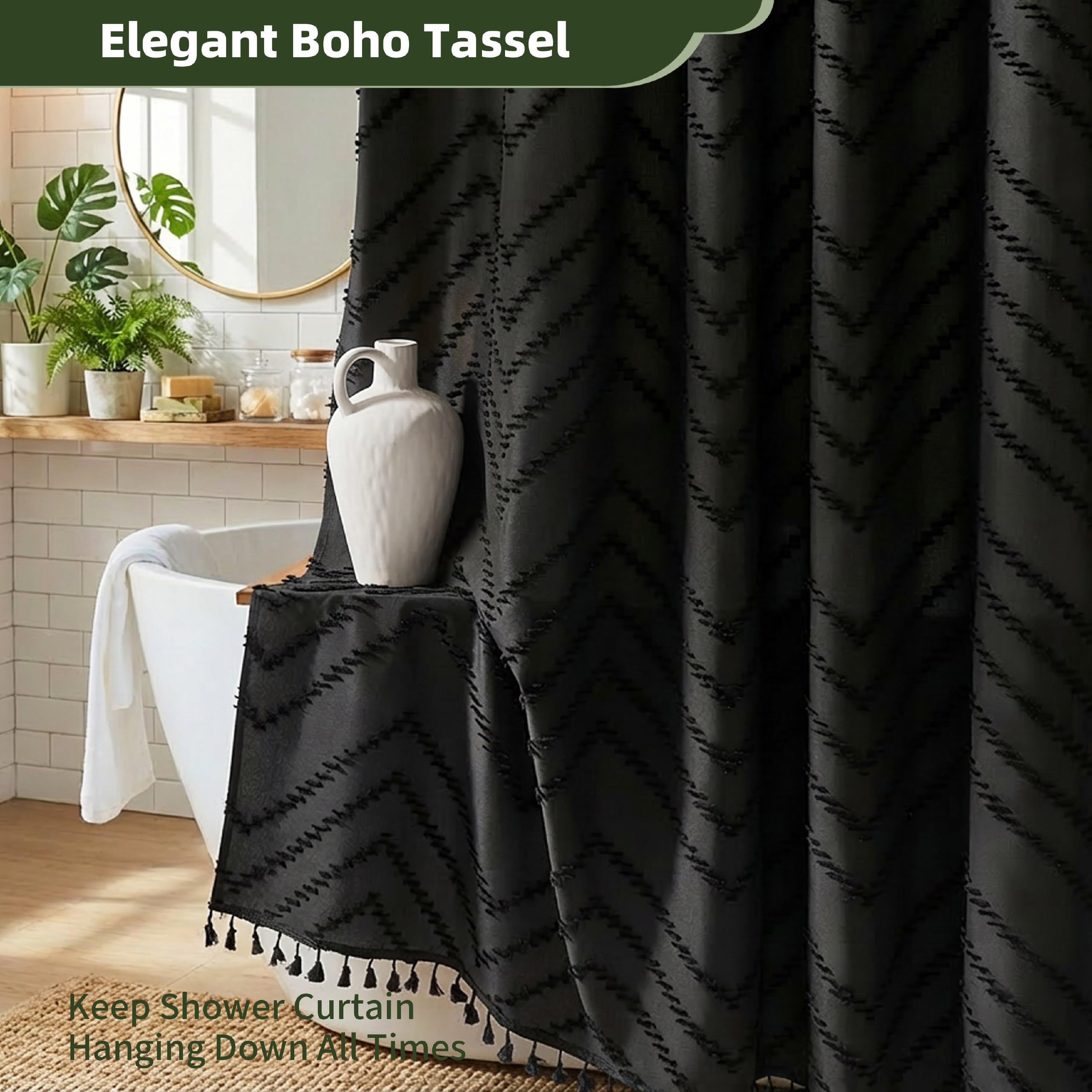 Siiluminisoy Siiluminisoy Extra Long Black Boho Shower Curtain 84 in Woven Fabric Tufted Chevron Striped Modern Chic Minimalist Bathroom Decor - View 4 of 9