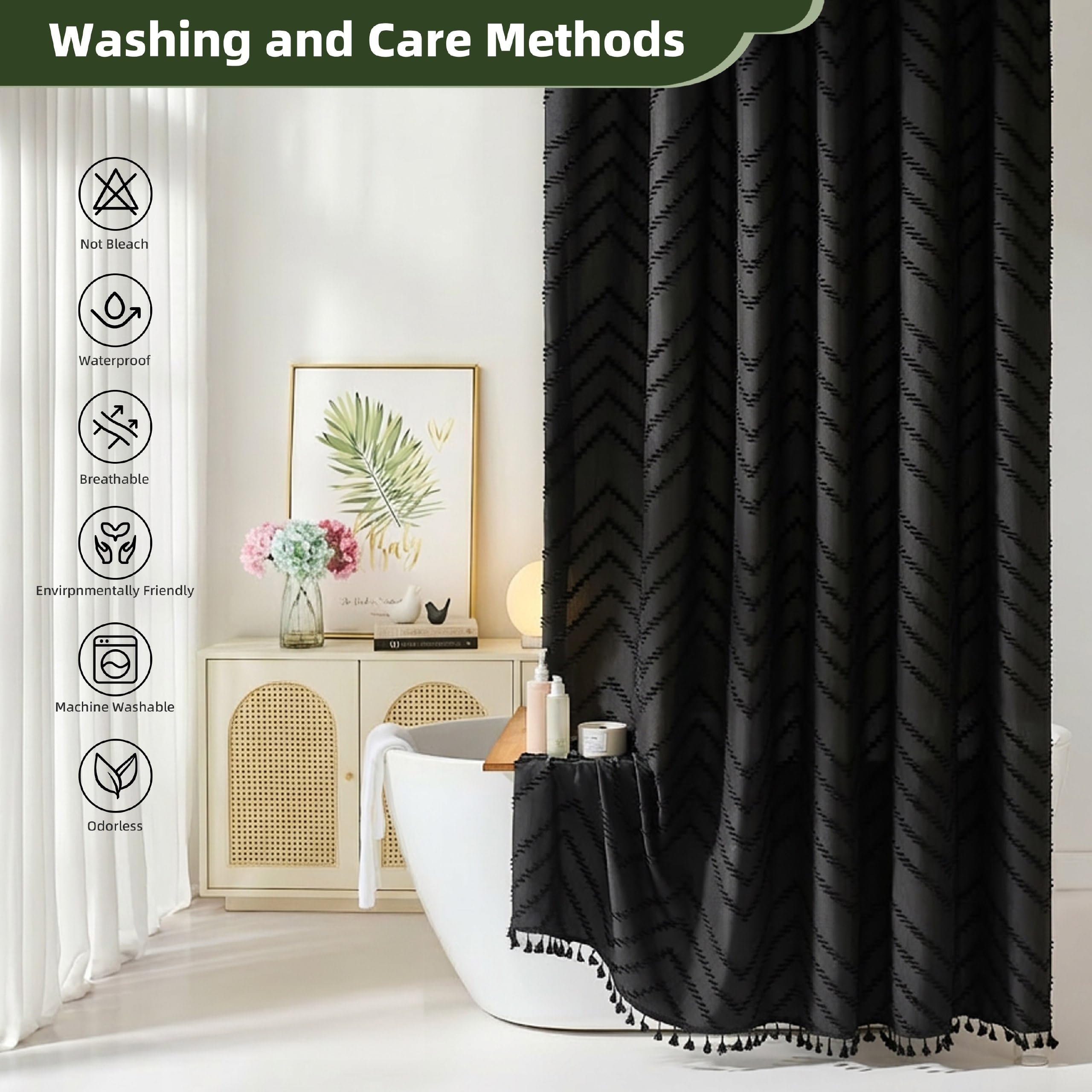 Siiluminisoy Siiluminisoy Extra Long Black Boho Shower Curtain 84 in Woven Fabric Tufted Chevron Striped Modern Chic Minimalist Bathroom Decor - View 5 of 9