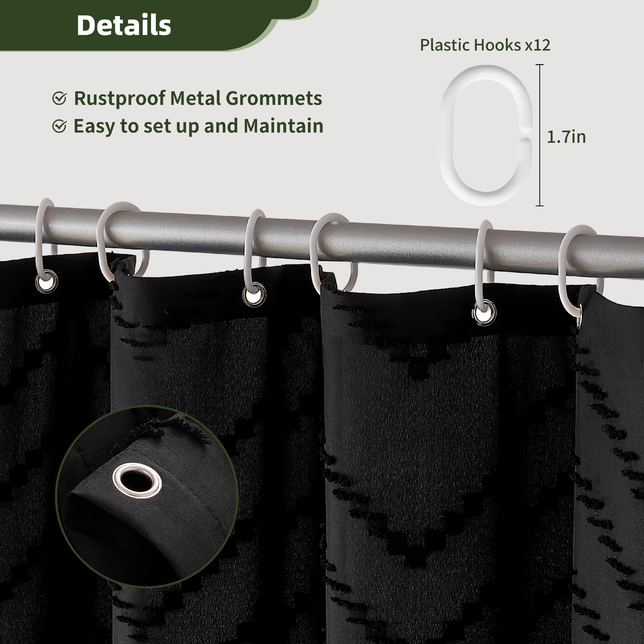 Siiluminisoy Siiluminisoy Extra Long Black Boho Shower Curtain 84 in Woven Fabric Tufted Chevron Striped Modern Chic Minimalist Bathroom Decor - View 6 of 9