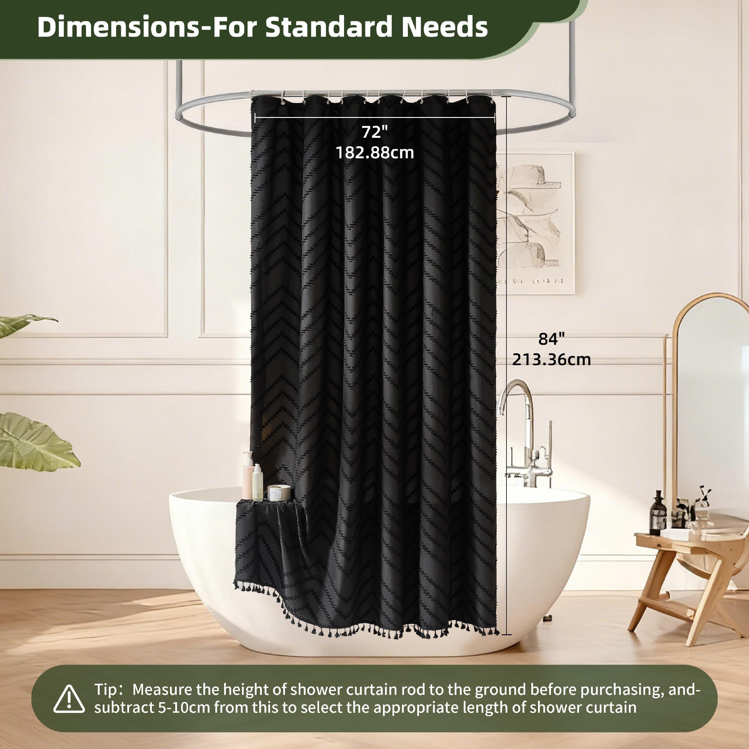 Siiluminisoy Siiluminisoy Extra Long Black Boho Shower Curtain 84 in Woven Fabric Tufted Chevron Striped Modern Chic Minimalist Bathroom Decor - View 7 of 9