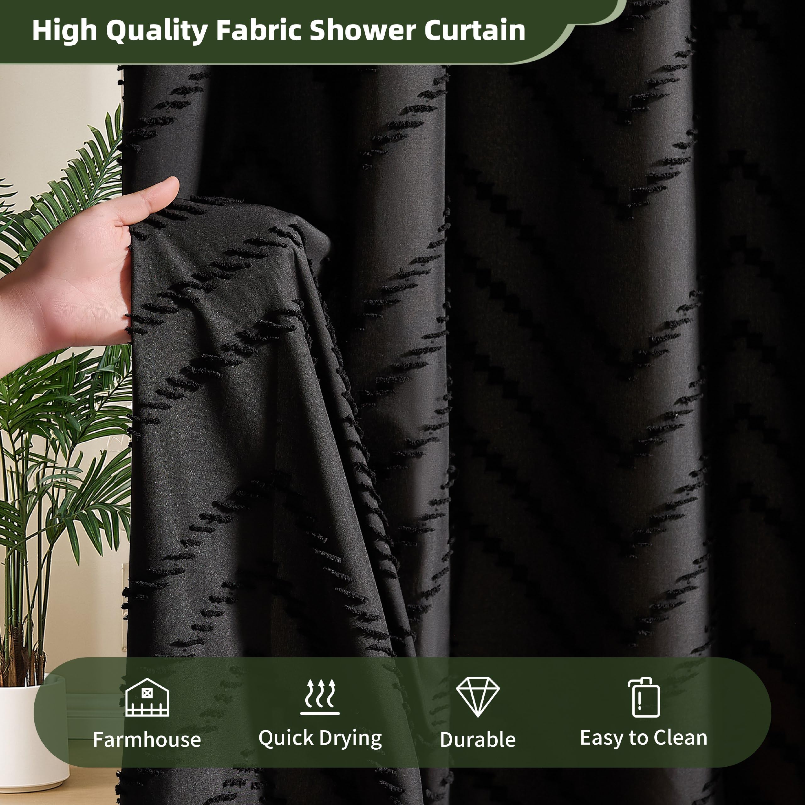 Siiluminisoy Siiluminisoy Extra Long Black Boho Shower Curtain 84 in Woven Fabric Tufted Chevron Striped Modern Chic Minimalist Bathroom Decor - View 8 of 9