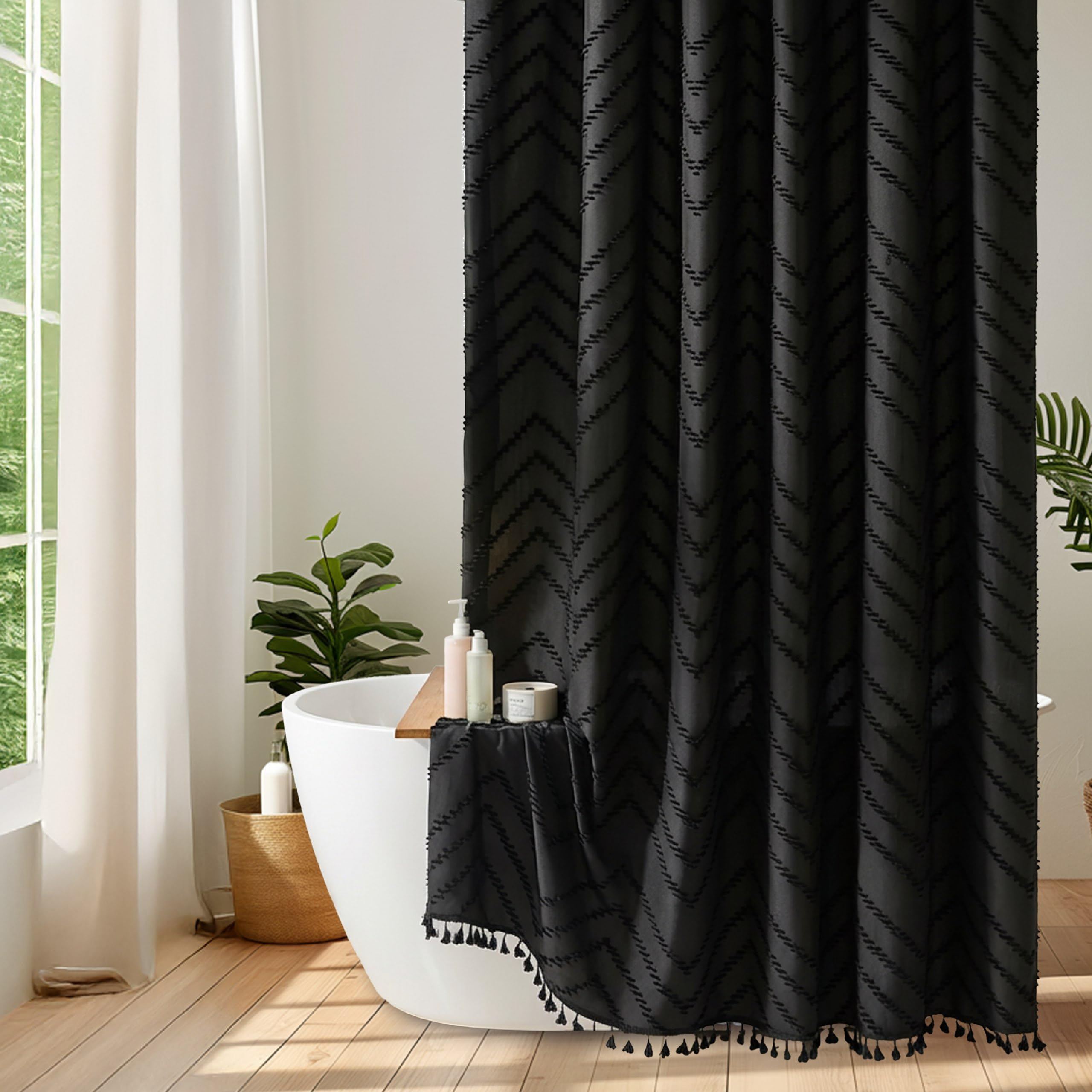 Siiluminisoy Siiluminisoy Extra Long Black Boho Shower Curtain 84 in Woven Fabric Tufted Chevron Striped Modern Chic Minimalist Bathroom Decor - View 9 of 9