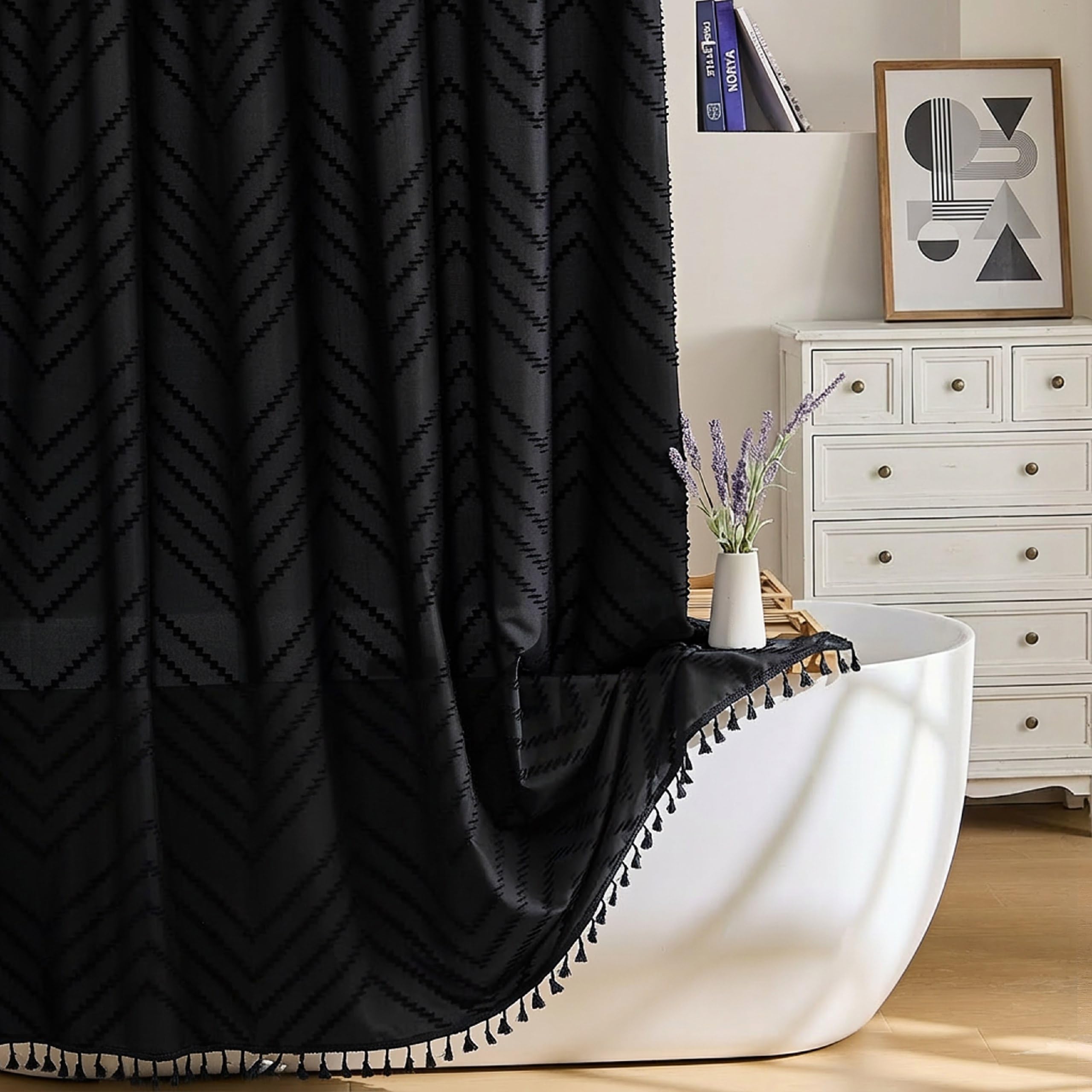 Siiluminisoy Siiluminisoy Extra Long Black Boho Shower Curtain 84 in Woven Fabric Tufted Chevron Striped Modern Chic Minimalist Bathroom Decor