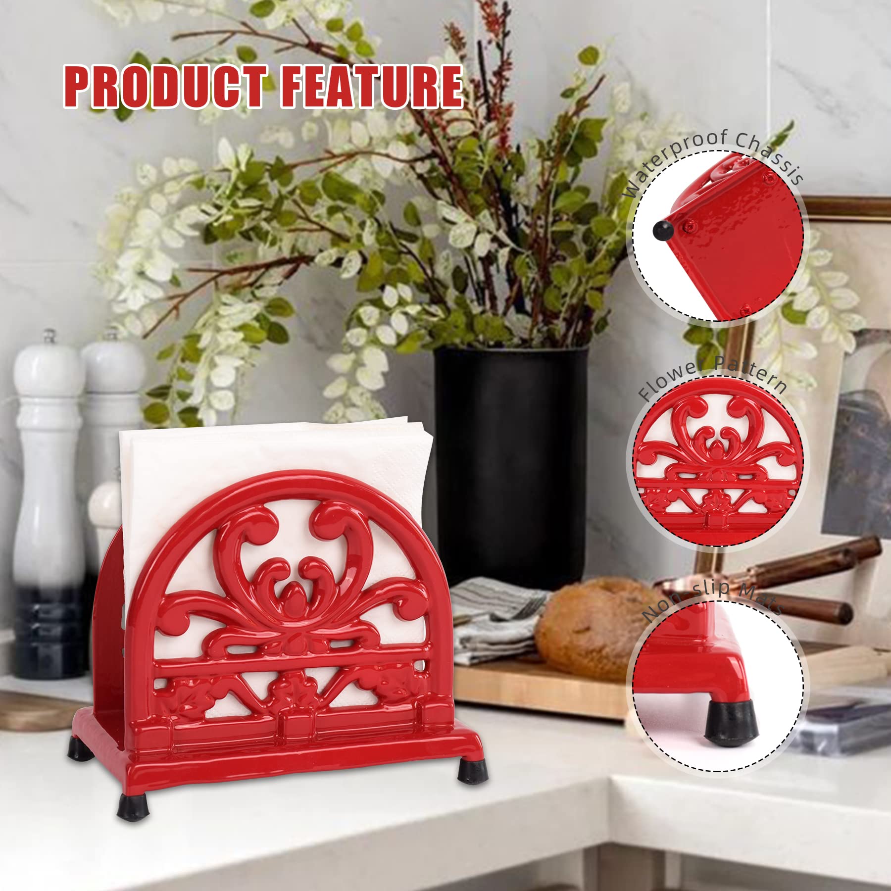 Minluful MINLUFUL Vintage Cast Iron Napkin Holder Upright Paper Dispenser for Kitchen Restaurant Bar Red Flower Pattern Decor - View 5 of 7