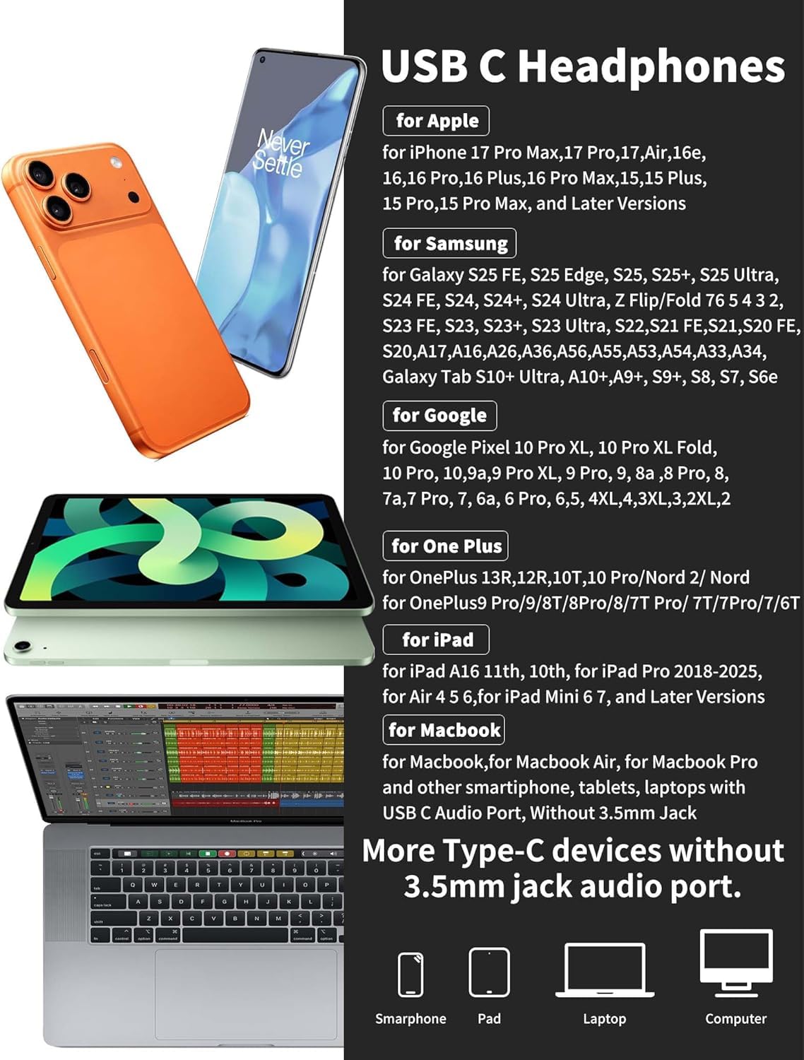 USB C Headphone Wired Earbuds for Samsung S25 FE S24 Ultra A17 A16 A53 A54 S23 Galaxy Z in-Ear Noise Canceling Type C Earphone with Microphone for - View 8 of 8