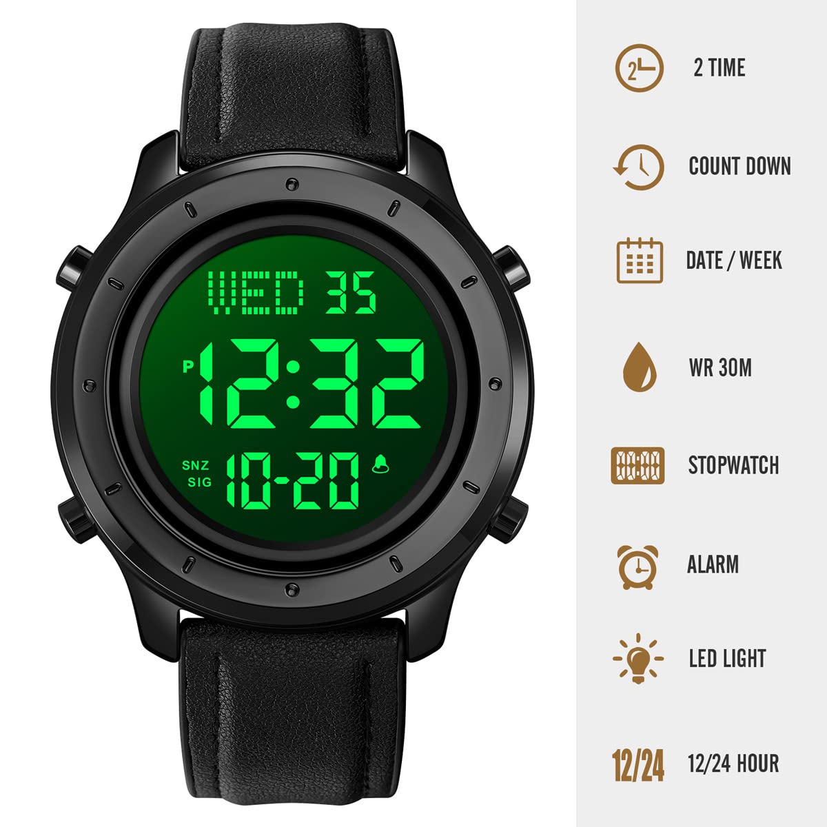 ZOLOHONI Mens Leather Digital Watch 12 24 Hour LED Alarm Countdown Wrist Watch Black for Men - View 2 of 9