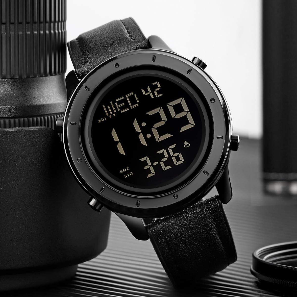 ZOLOHONI Mens Leather Digital Watch 12 24 Hour LED Alarm Countdown Wrist Watch Black for Men - View 3 of 9