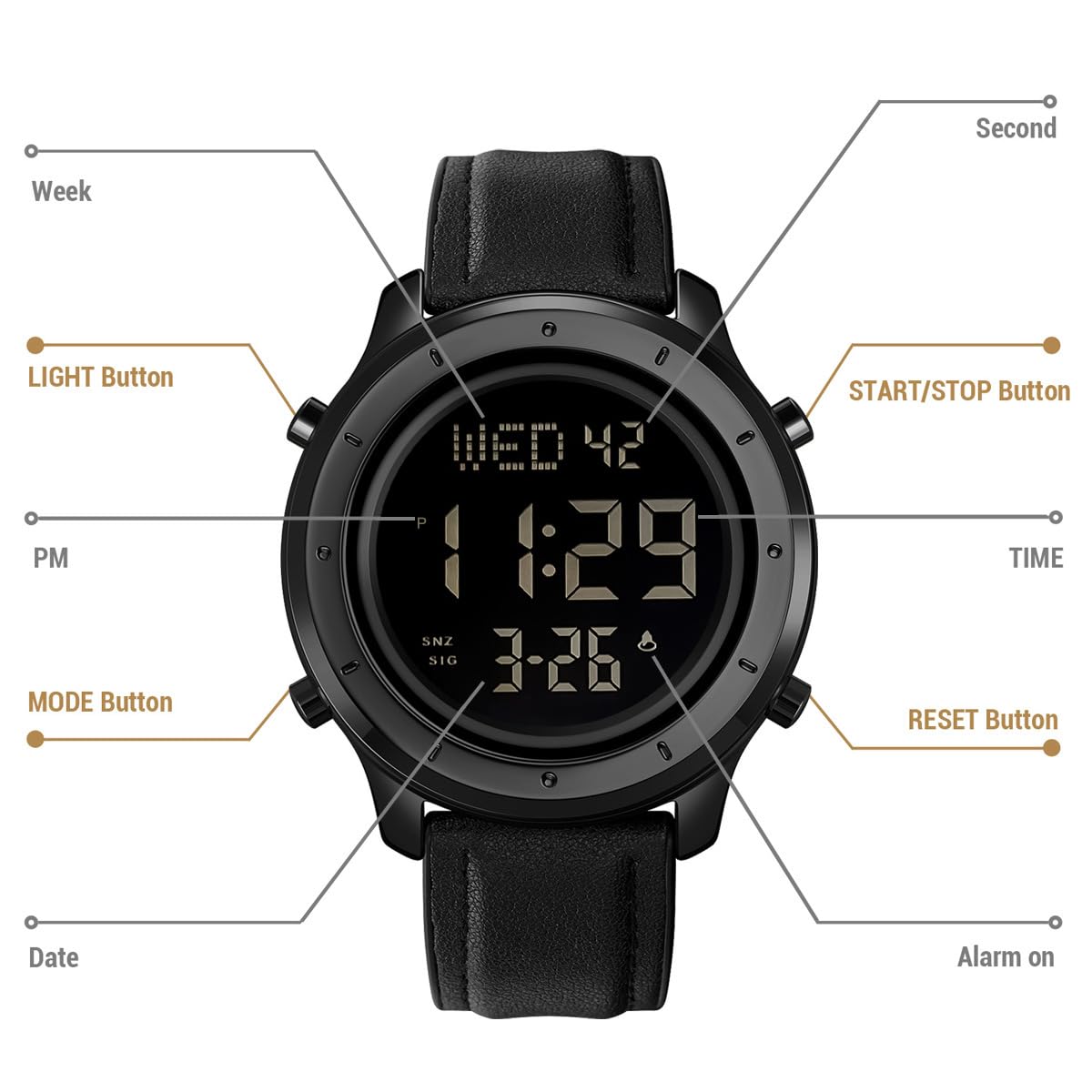 ZOLOHONI Mens Leather Digital Watch 12 24 Hour LED Alarm Countdown Wrist Watch Black for Men - View 4 of 9