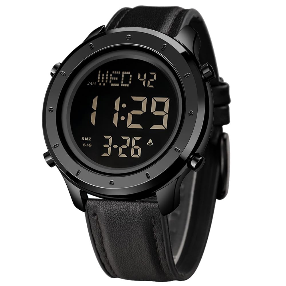 ZOLOHONI Mens Leather Digital Watch 12 24 Hour LED Alarm Countdown Wrist Watch Black for Men