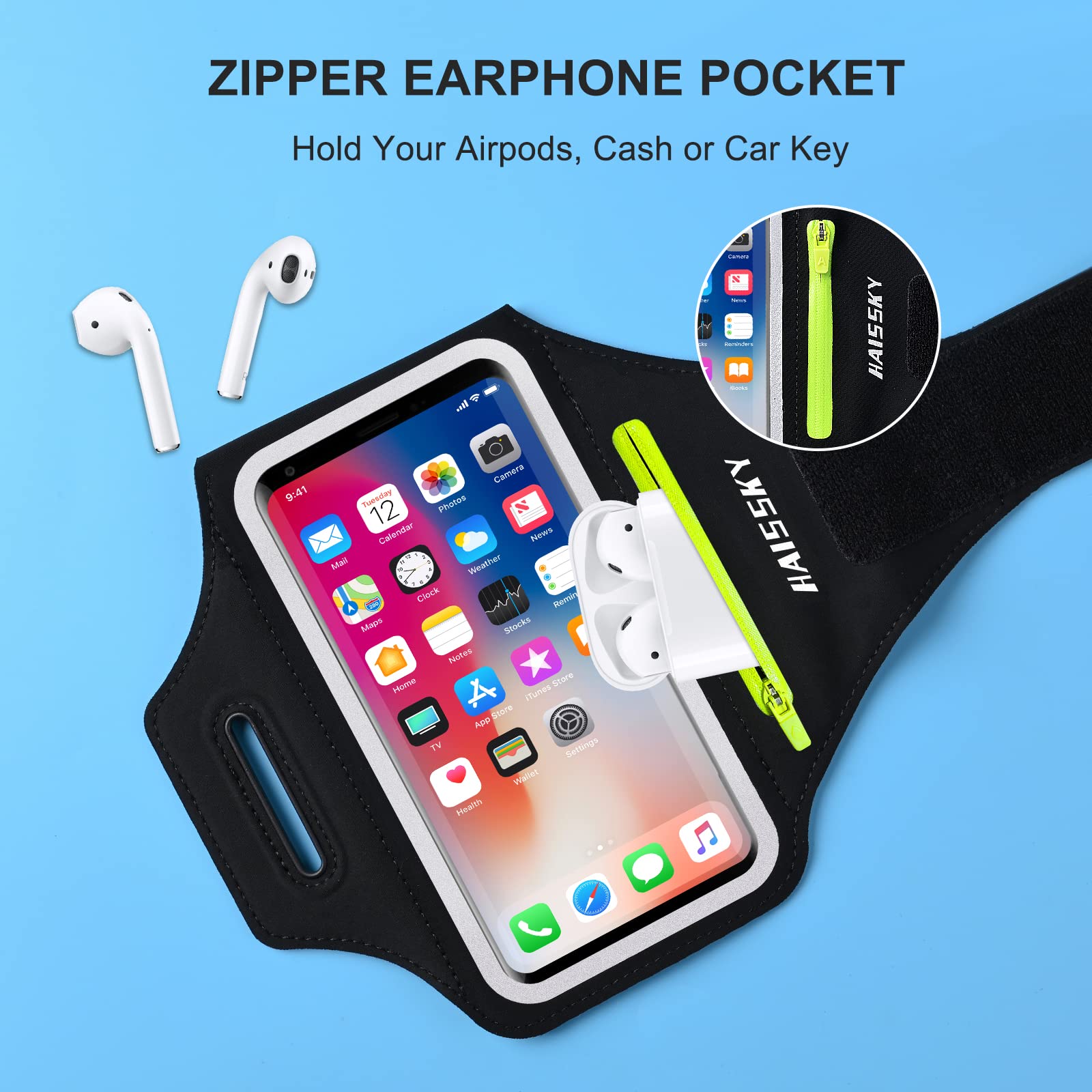 Phone Armband for Running with Zipper Pocket Water Resistant Sport Arm Band for iPhone 16 15 12 11 Pro Galaxy S24 S20 Fits Up to 6.7 Inches - View 2 of 7
