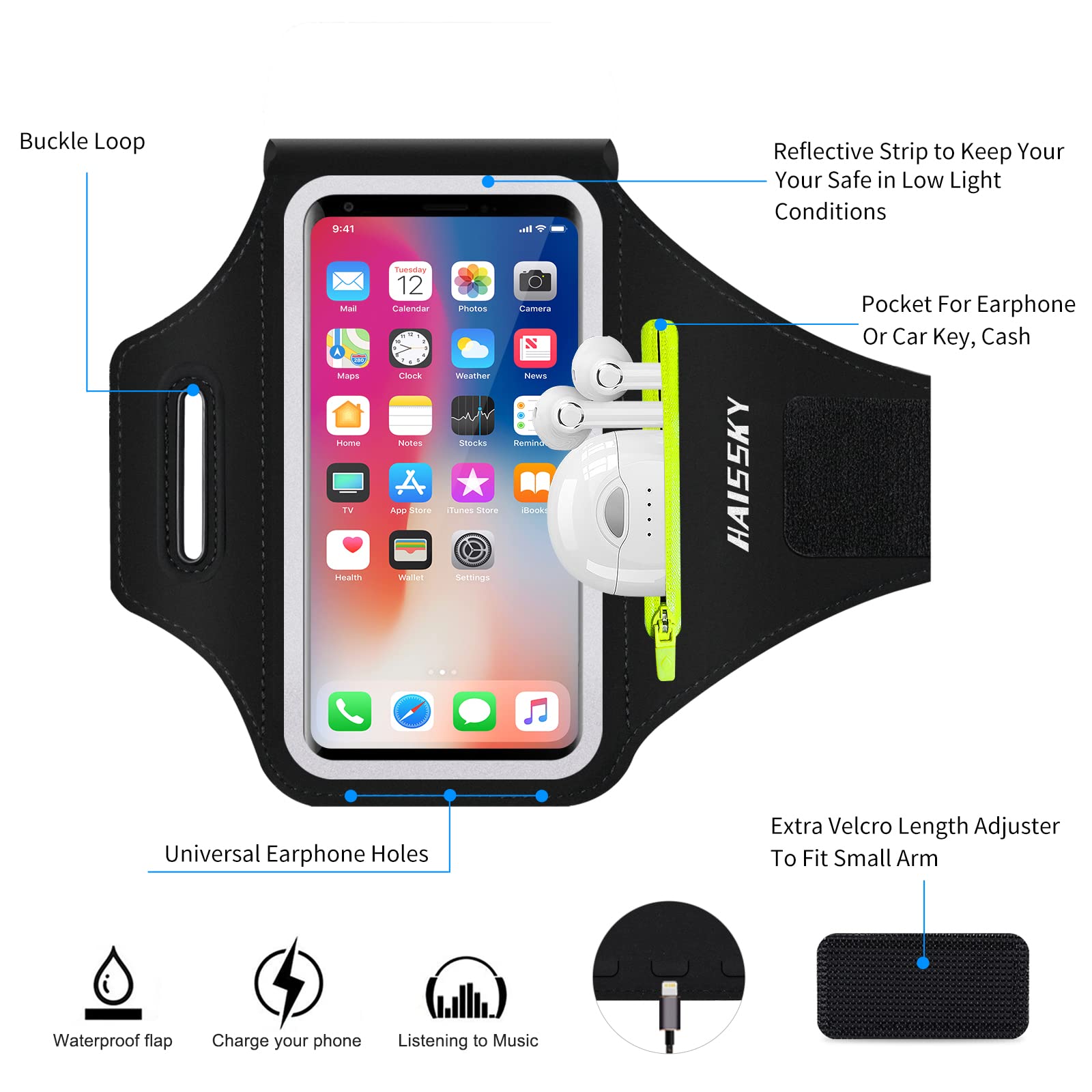 Phone Armband for Running with Zipper Pocket Water Resistant Sport Arm Band for iPhone 16 15 12 11 Pro Galaxy S24 S20 Fits Up to 6.7 Inches - View 3 of 7