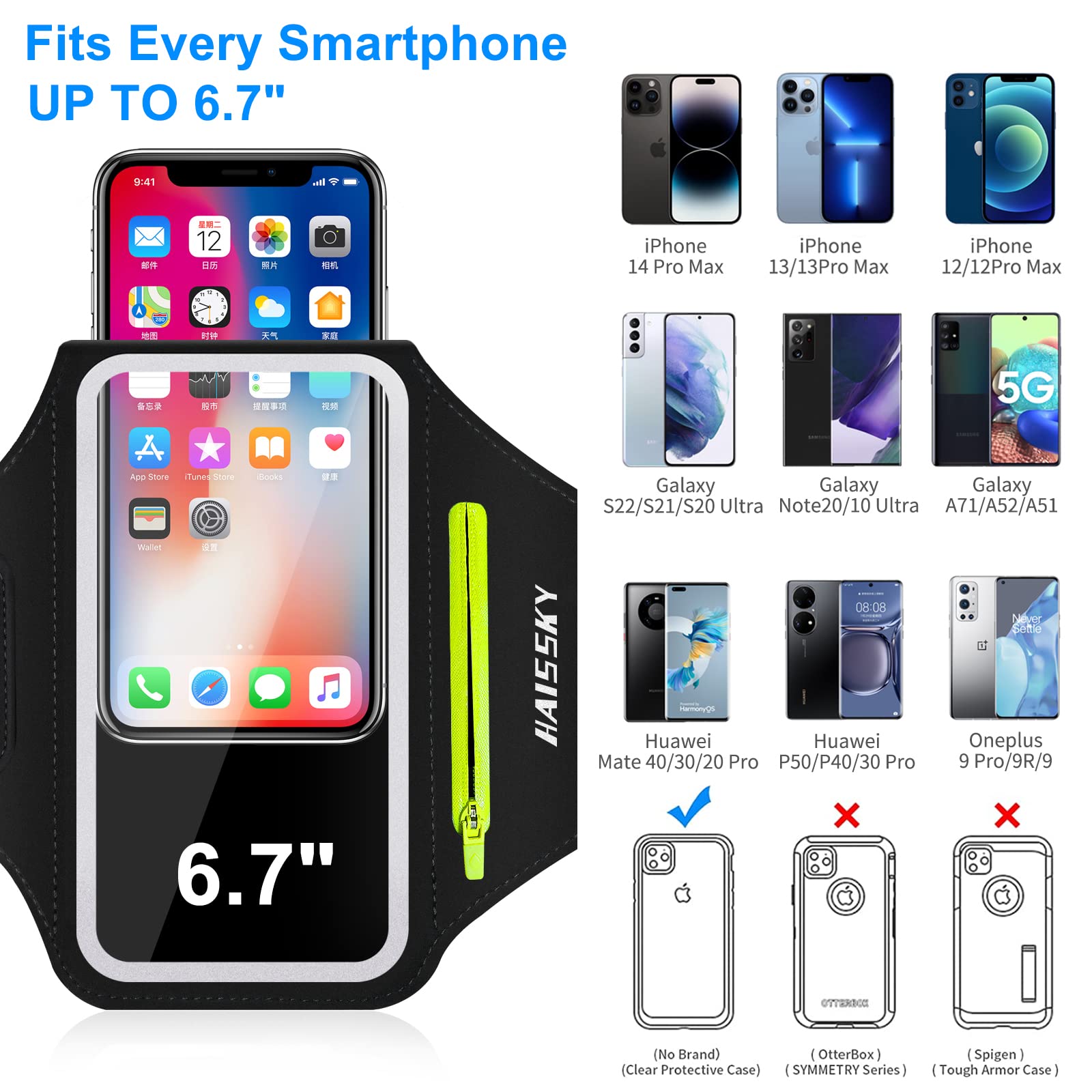 Phone Armband for Running with Zipper Pocket Water Resistant Sport Arm Band for iPhone 16 15 12 11 Pro Galaxy S24 S20 Fits Up to 6.7 Inches - View 4 of 7