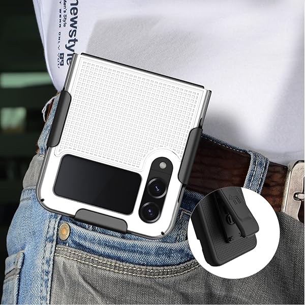 Nakedcellphone Galaxy Z Flip 4 Case with Clip - Slim Hard Shell & Rotating Belt Holster Combo - Pearl White - View 8 of 11