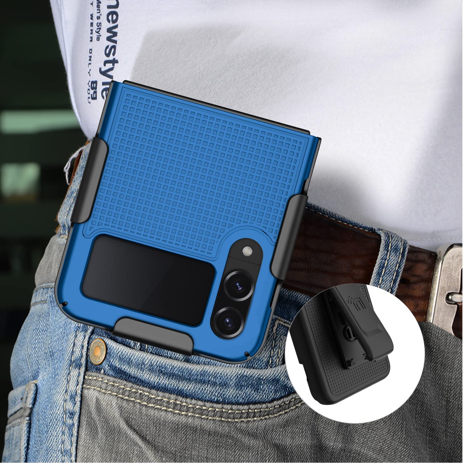 Case with Clip for Galaxy Z Flip 4 5G, Nakedcellphone [Grid Texture] Slim Hard Shell Cover and [Rotating Ratchet] Belt Hip Holster Holder Combo for - View 6 of 9