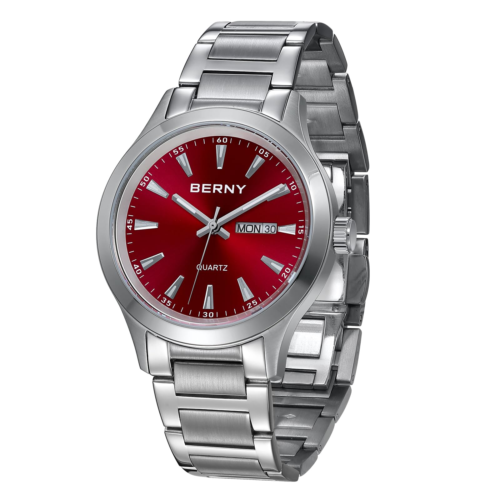 BERNY Mens Solid Stainless Steel Quartz Dress Watch Waterproof Sports Watches for Men Luminous Silver-Tone Wristwatches Day Date (Red Dial)