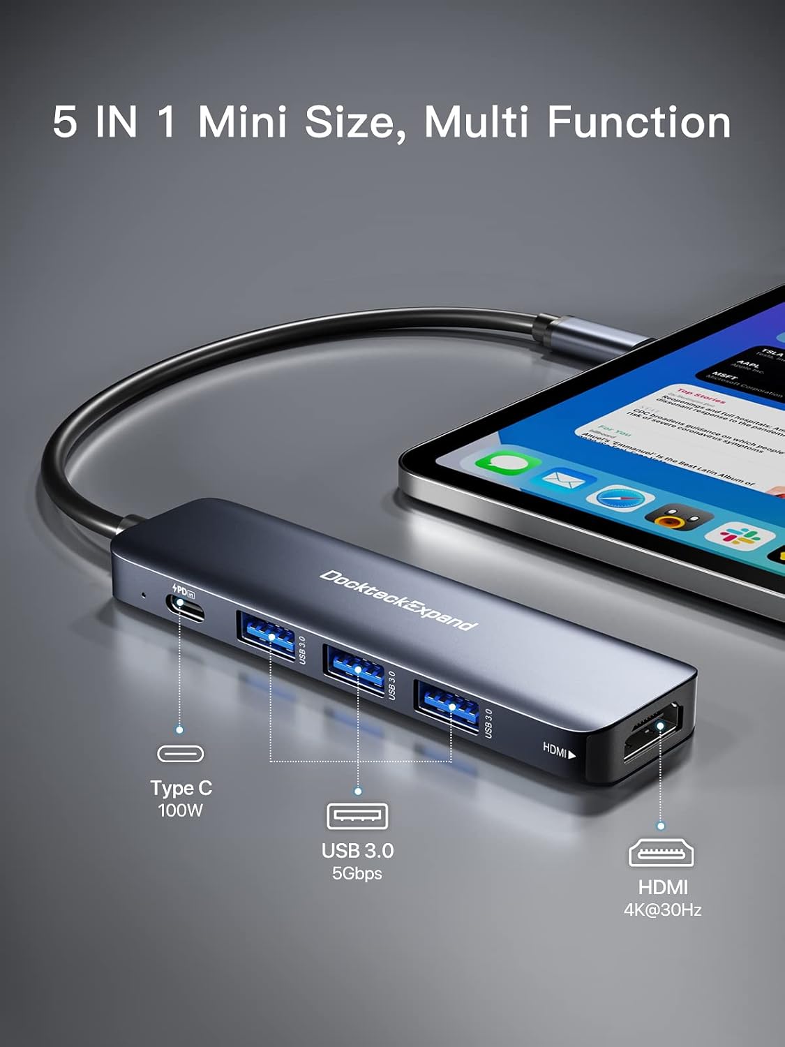 DockteckExpand Dockteck Expand USB C Hub 5 in 1 Multiport Adapter with 4K HDMI and 100W Power Delivery for MacBook Pro Air iPad Pro Air Mini 6 - View 2 of 6