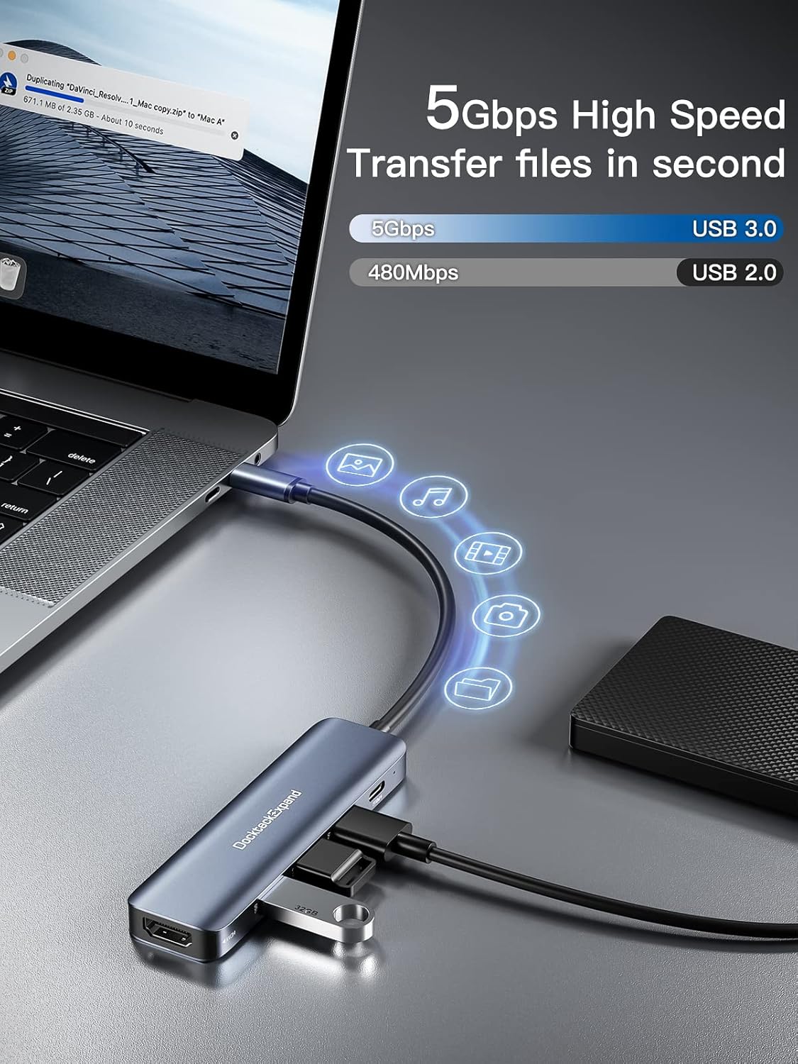 DockteckExpand Dockteck Expand USB C Hub 5 in 1 Multiport Adapter with 4K HDMI and 100W Power Delivery for MacBook Pro Air iPad Pro Air Mini 6 - View 5 of 6