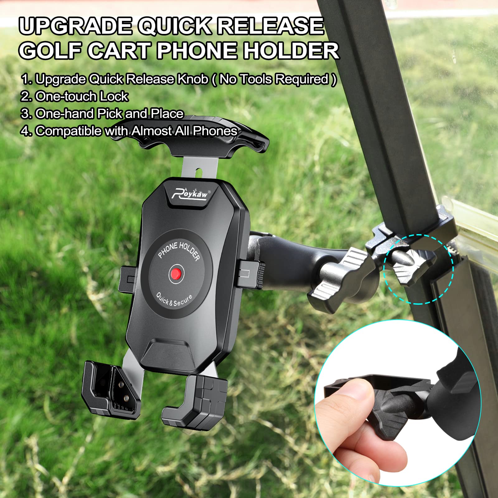 Roykaw Golf Cart Phone Mount Holder Compatible with EZGO Club Car Yamaha, Quick Release and One-Touch Lock One-Handed Pick and Place, Compatible with - View 2 of 8