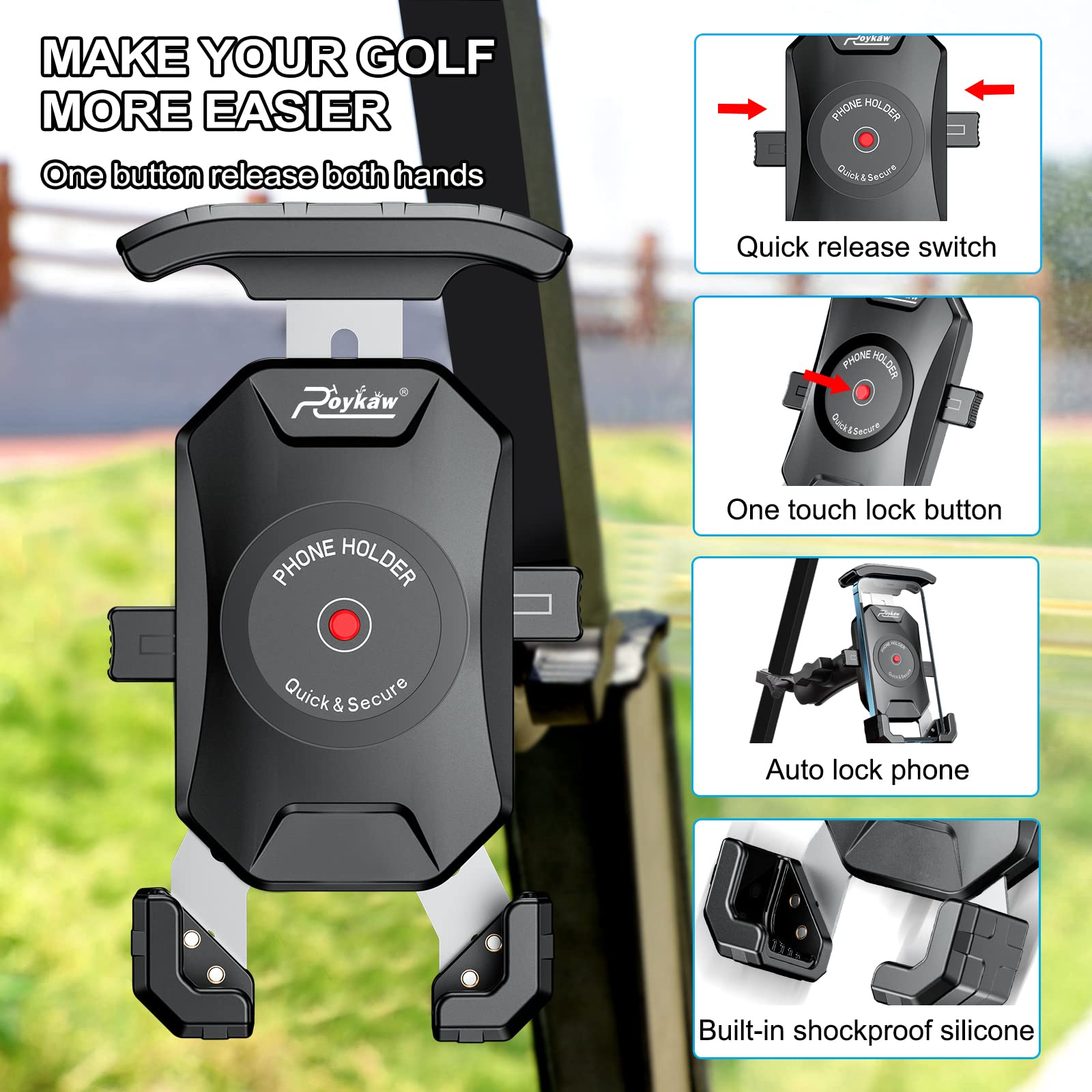 Roykaw Golf Cart Phone Mount Holder Compatible with EZGO Club Car Yamaha, Quick Release and One-Touch Lock One-Handed Pick and Place, Compatible with - View 4 of 8