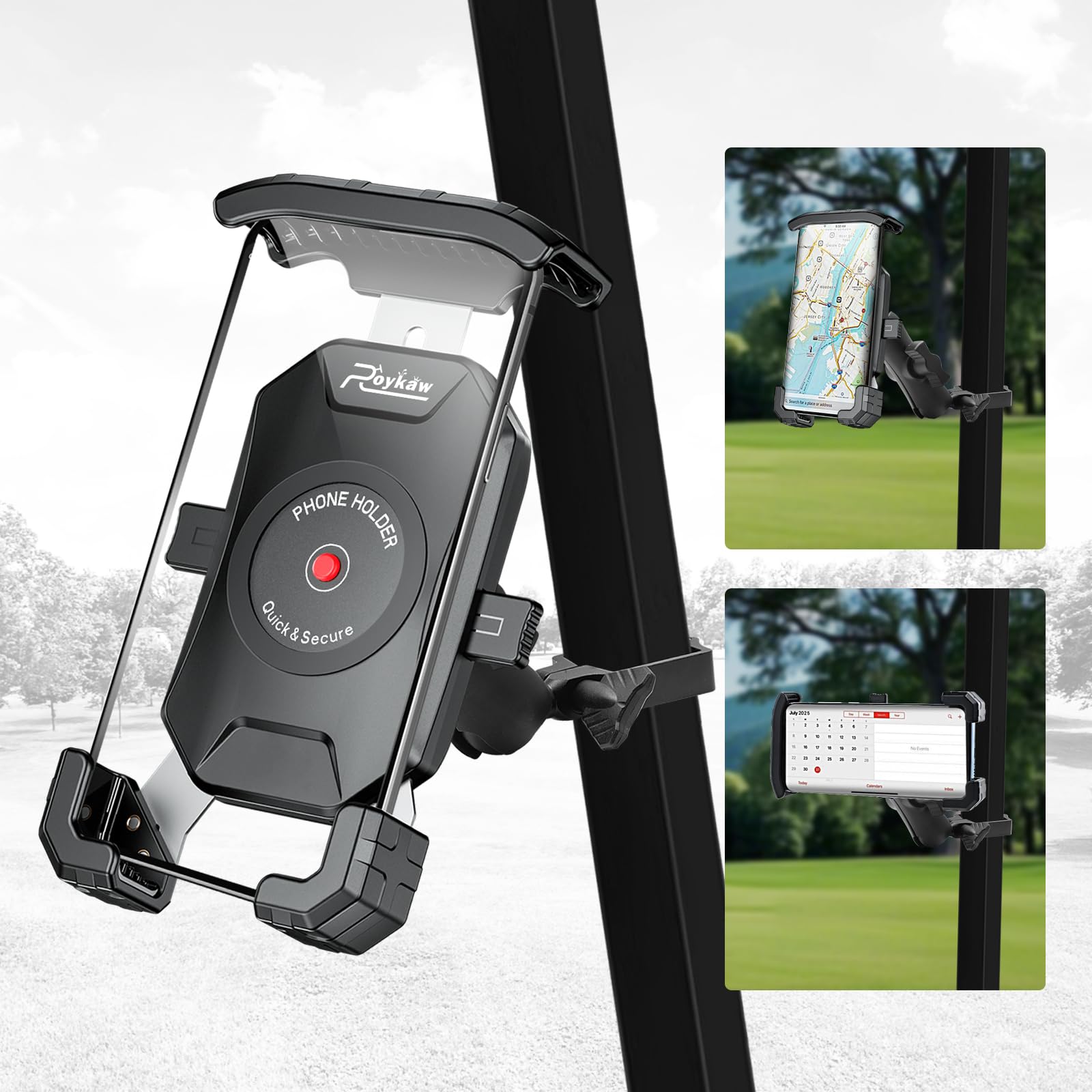 Roykaw Golf Cart Phone Mount Holder Compatible with EZGO Club Car Yamaha, Quick Release and One-Touch Lock One-Handed Pick and Place, Compatible with