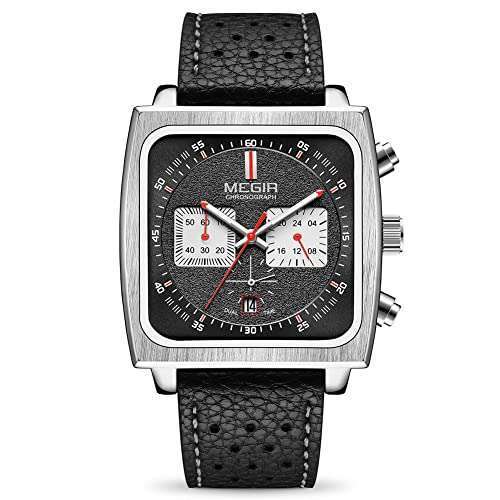 MEGIR MEGIR Men's Rectangle Quartz Chronograph Watch - Luminous Leather Strap, Model 2182 Black