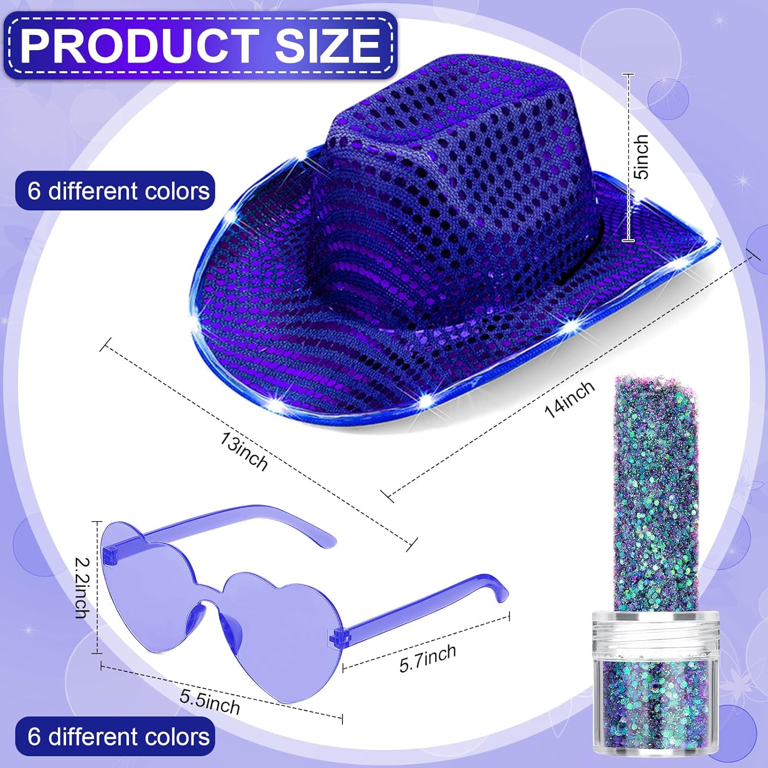 Haysandy 6 Set LED Holographic Space Cowgirl Hat Neon Sparkly Cowboy Hat with Glasses Glitter Set for Women Adult Disco Rodeo Party Accessories - View 2 of 7