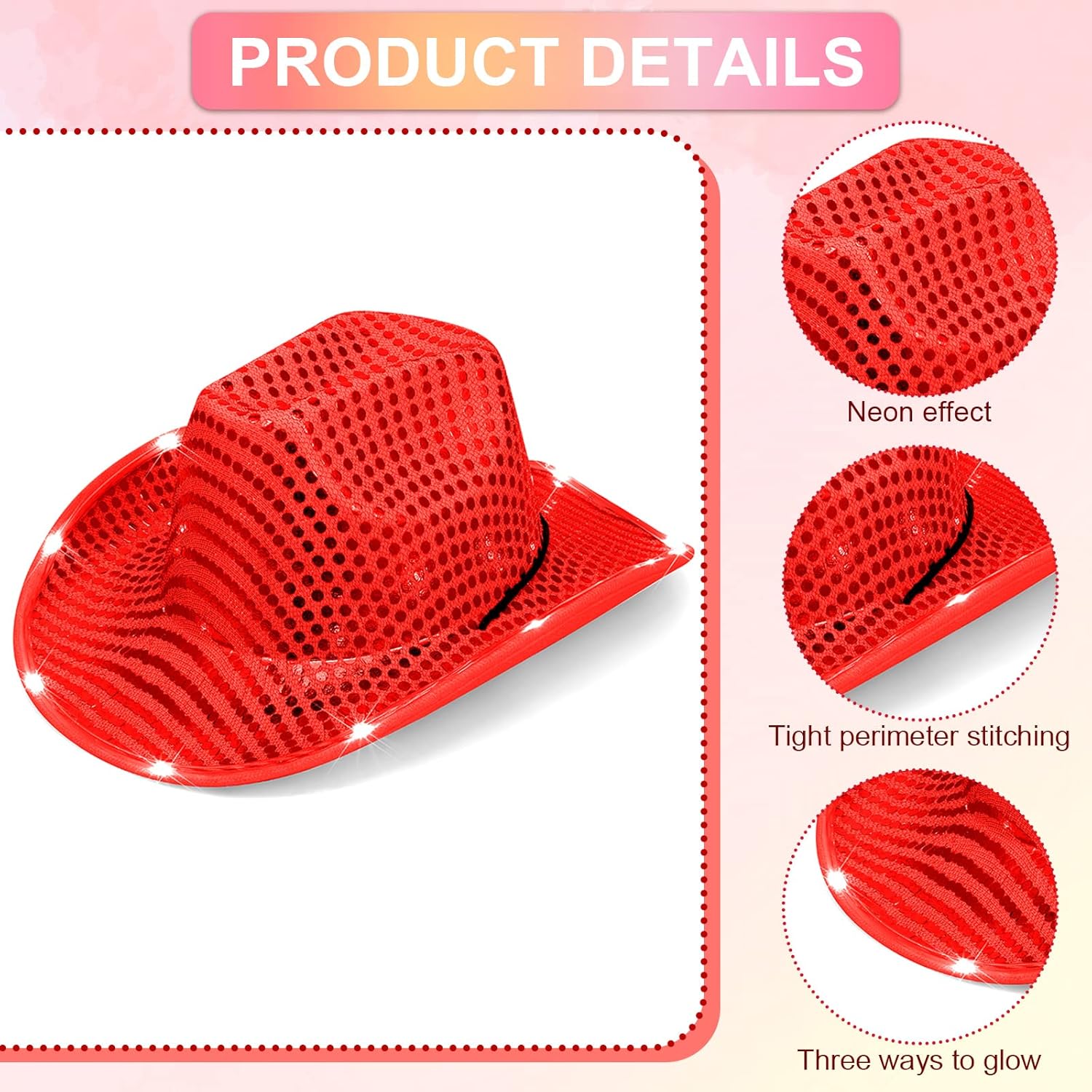 Haysandy 6 Set LED Holographic Space Cowgirl Hat Neon Sparkly Cowboy Hat with Glasses Glitter Set for Women Adult Disco Rodeo Party Accessories - View 3 of 7